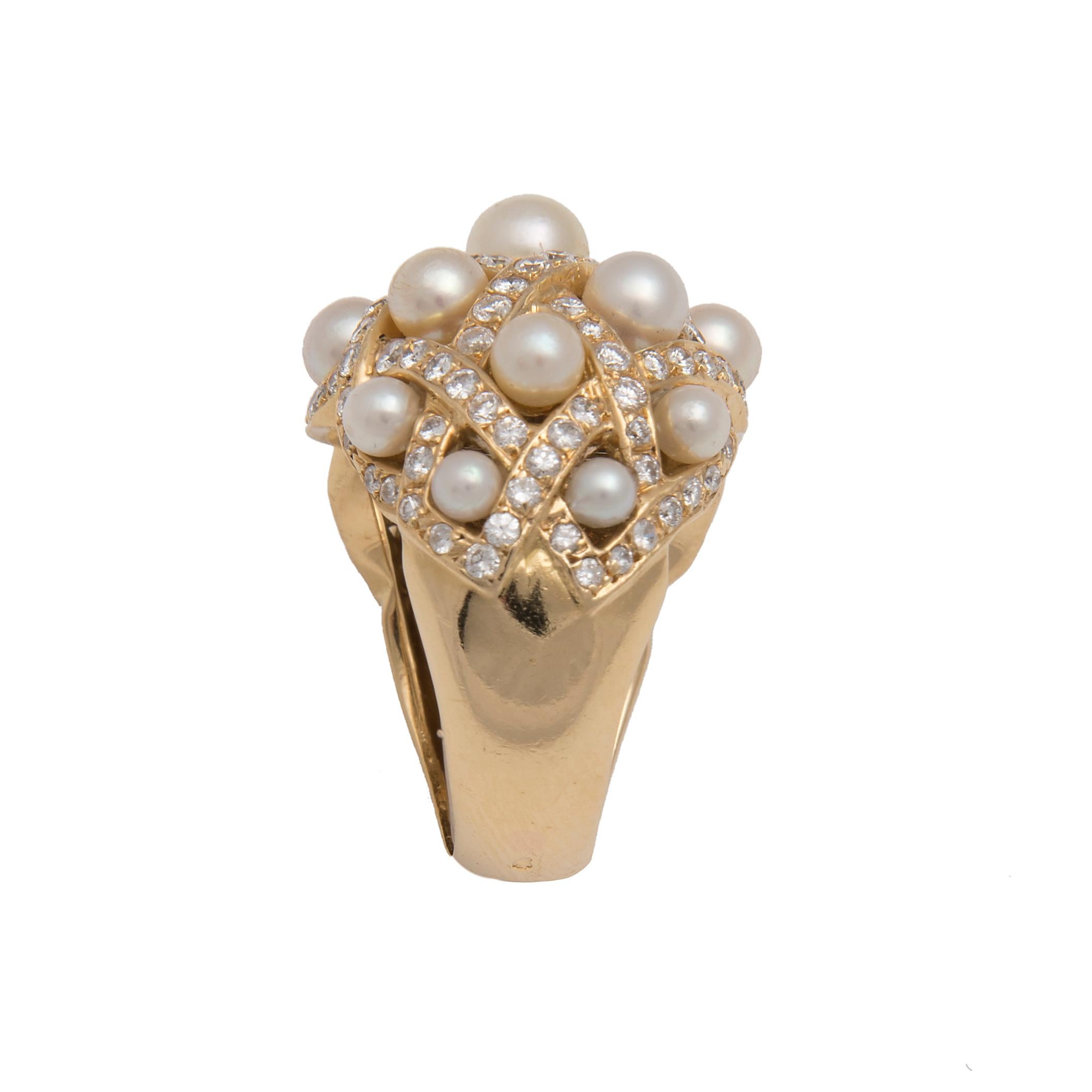 Pearl, Diamond and 18 Karat Gold Bombé Cocktail Ring In Good Condition For Sale In London, GB