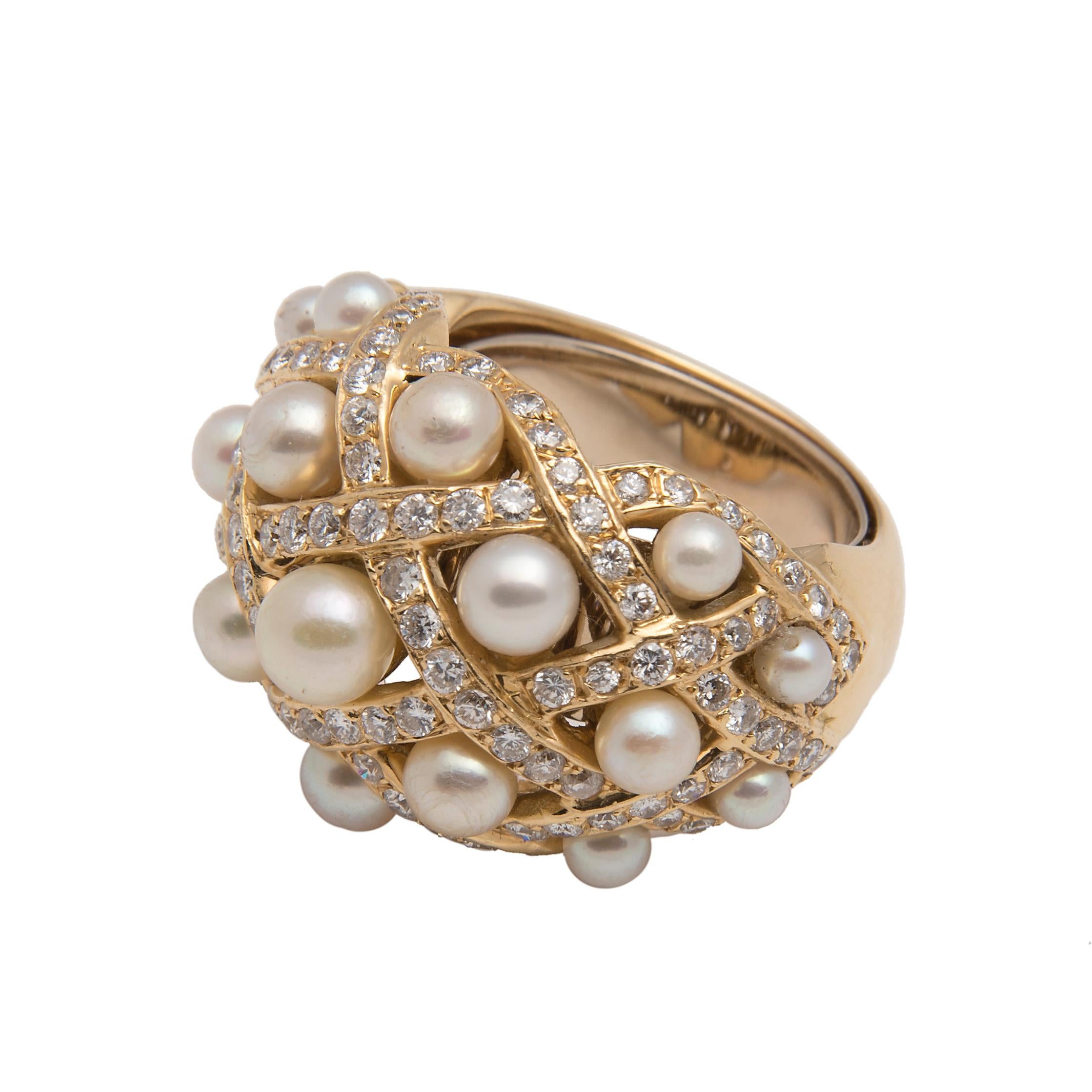 Women's Pearl, Diamond and 18 Karat Gold Bombé Cocktail Ring For Sale