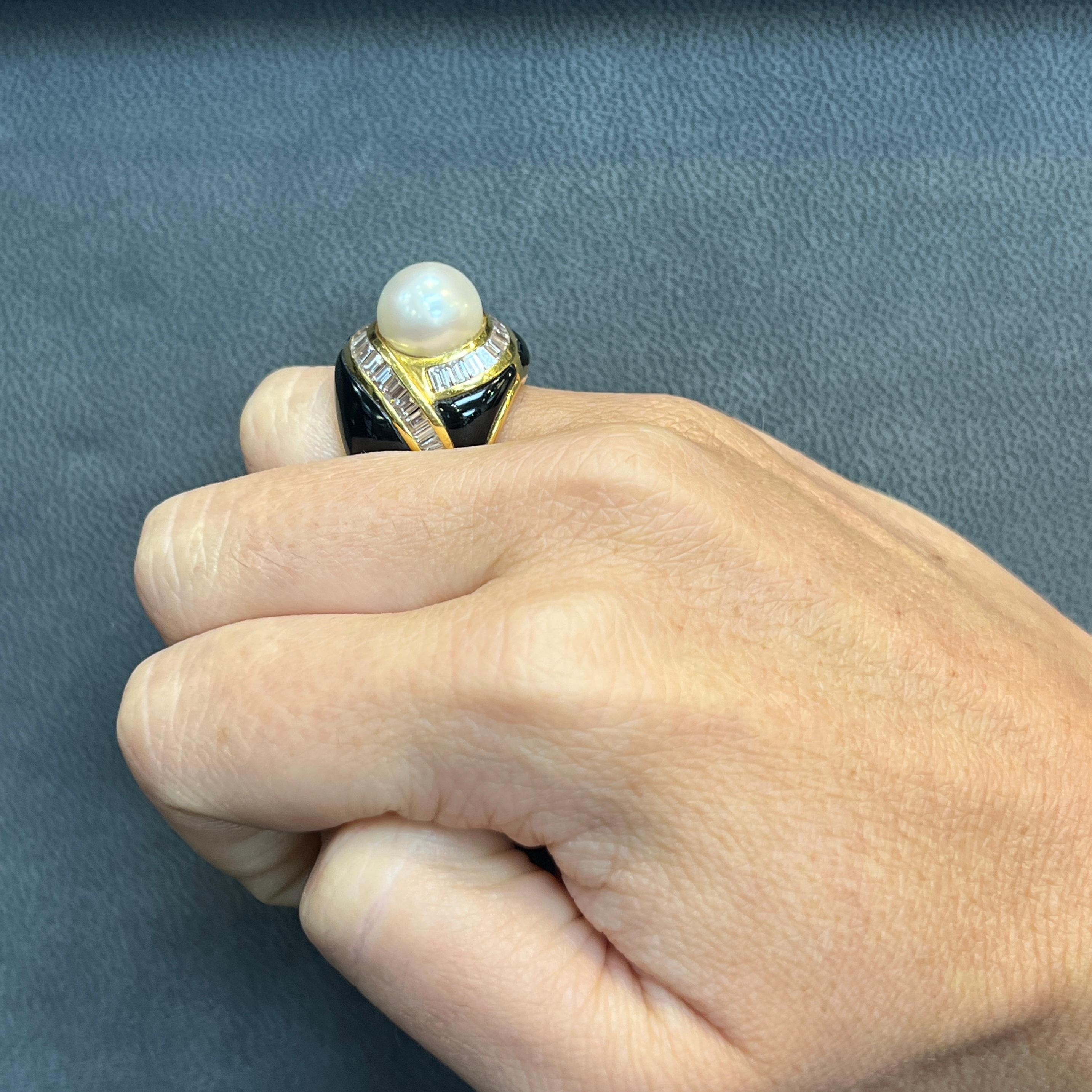 Perle Diamant und schwarzer Emaille-Ring (Baguetteschliff) im Angebot