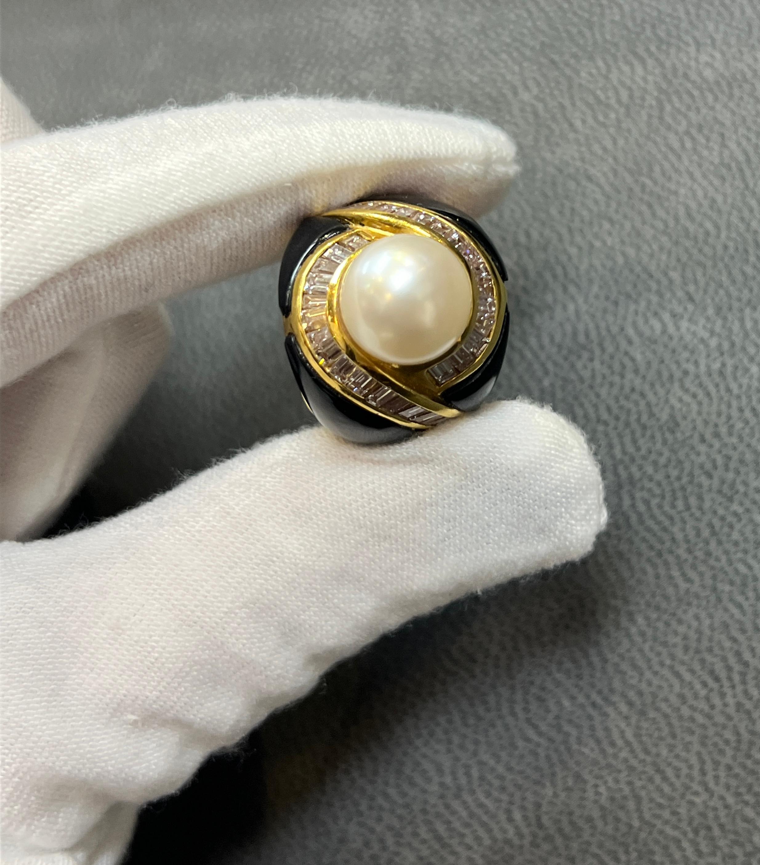 Perle Diamant und schwarzer Emaille-Ring im Zustand „Hervorragend“ im Angebot in New York, NY