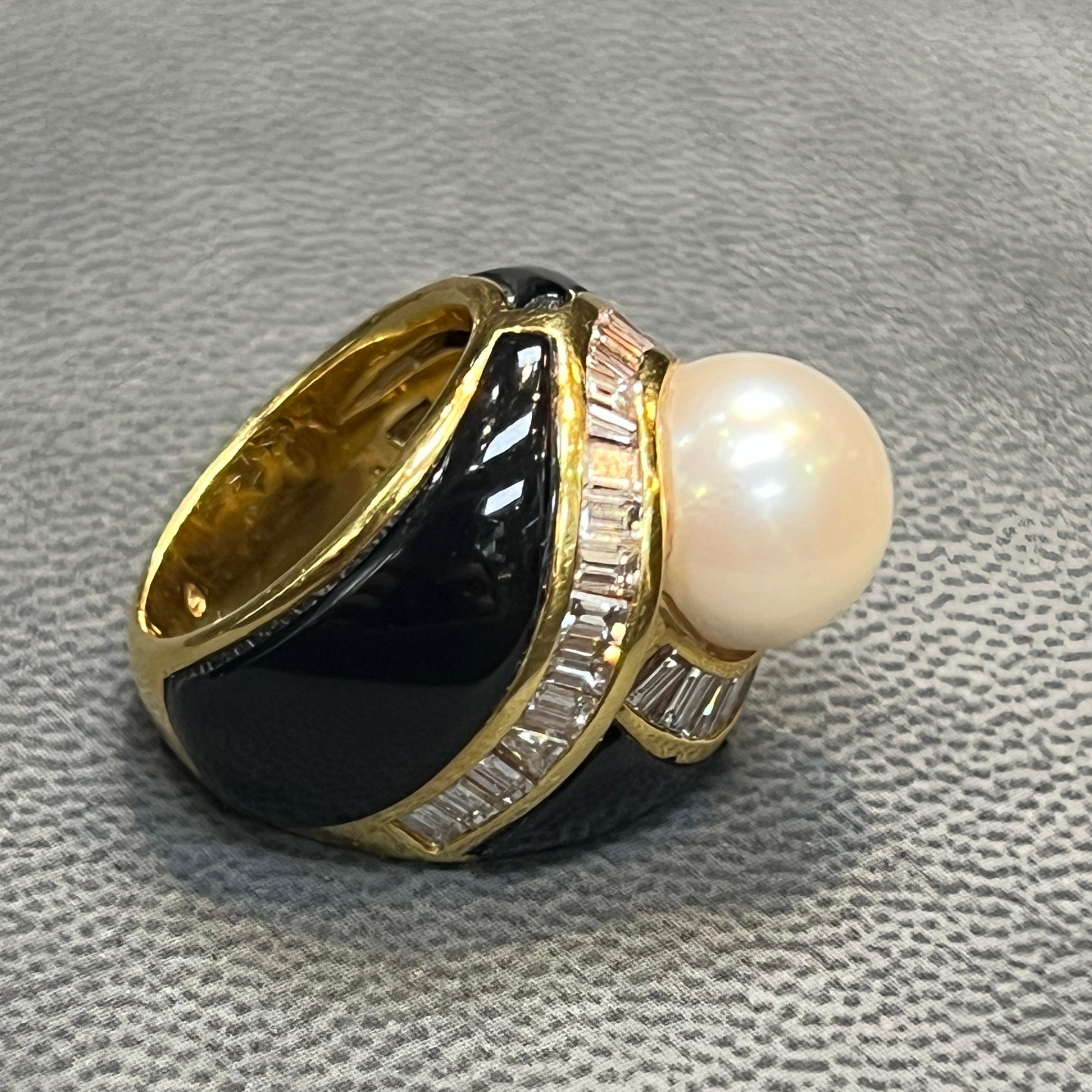 Perle Diamant und schwarzer Emaille-Ring im Angebot 1