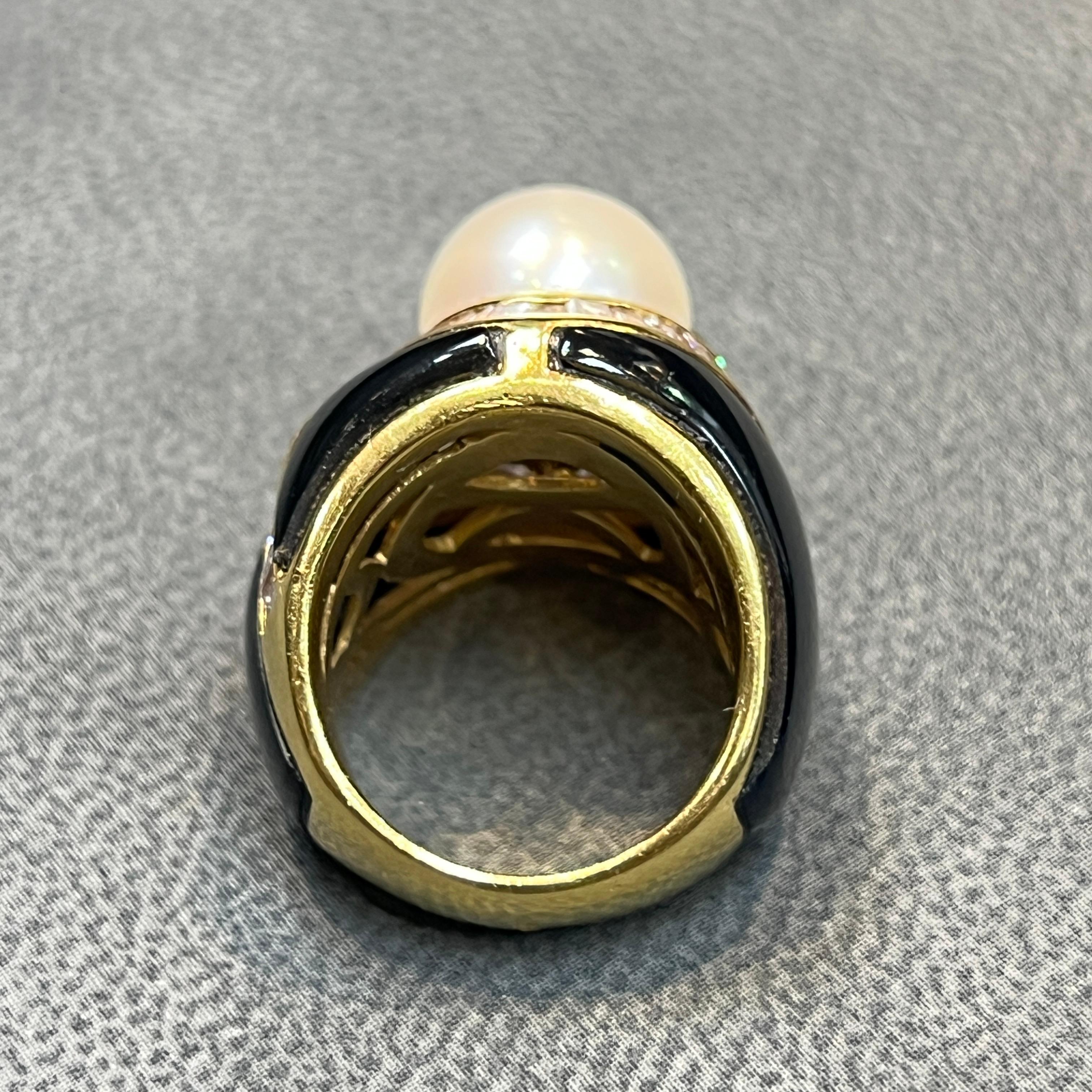 Perle Diamant und schwarzer Emaille-Ring im Angebot 3