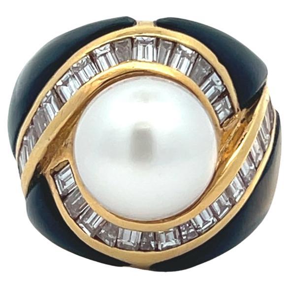 Pearl Diamond and Black Enamel RIng