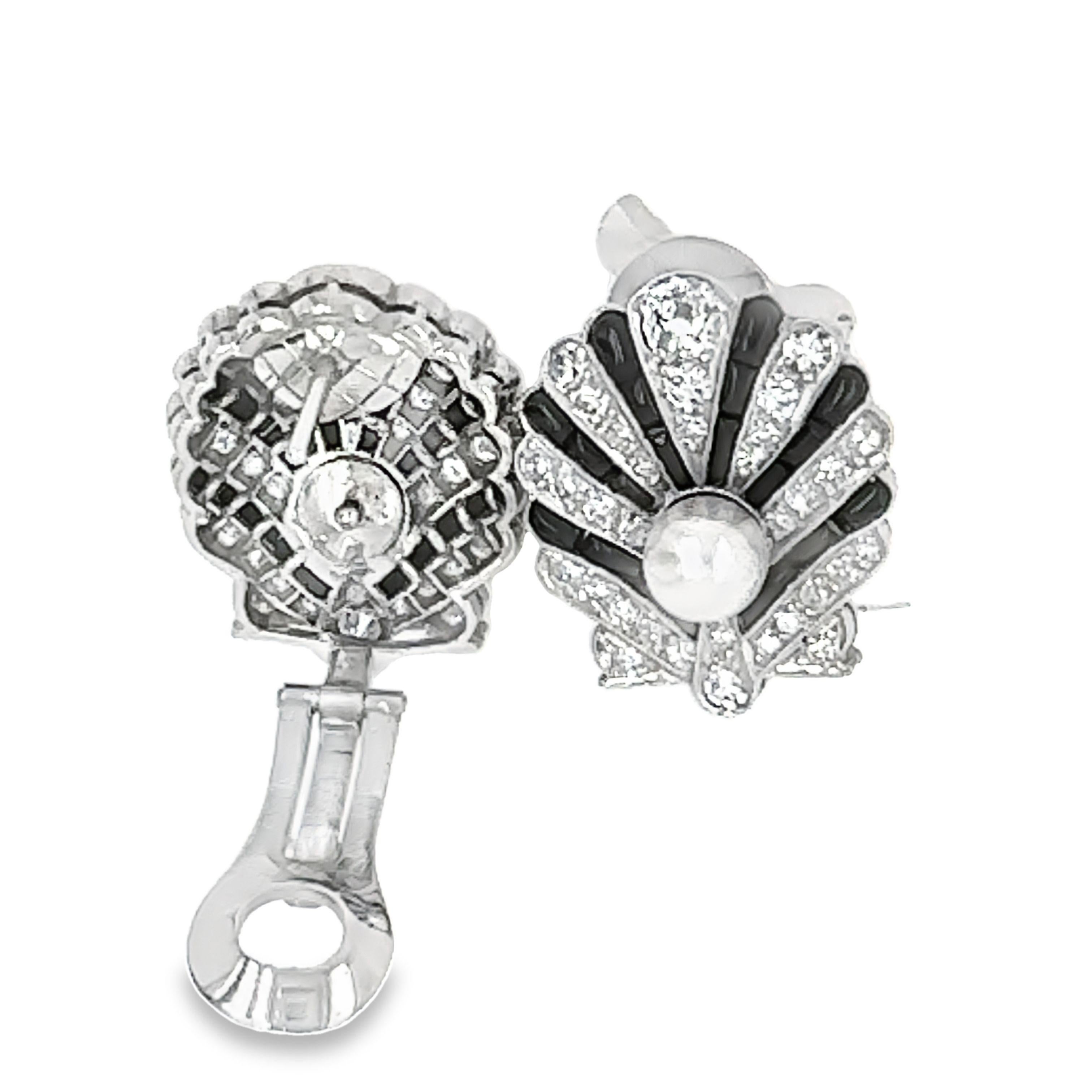 Art Deco Antique Pearl, Diamond, and Black Onyx Shell design Earrings For Sale
