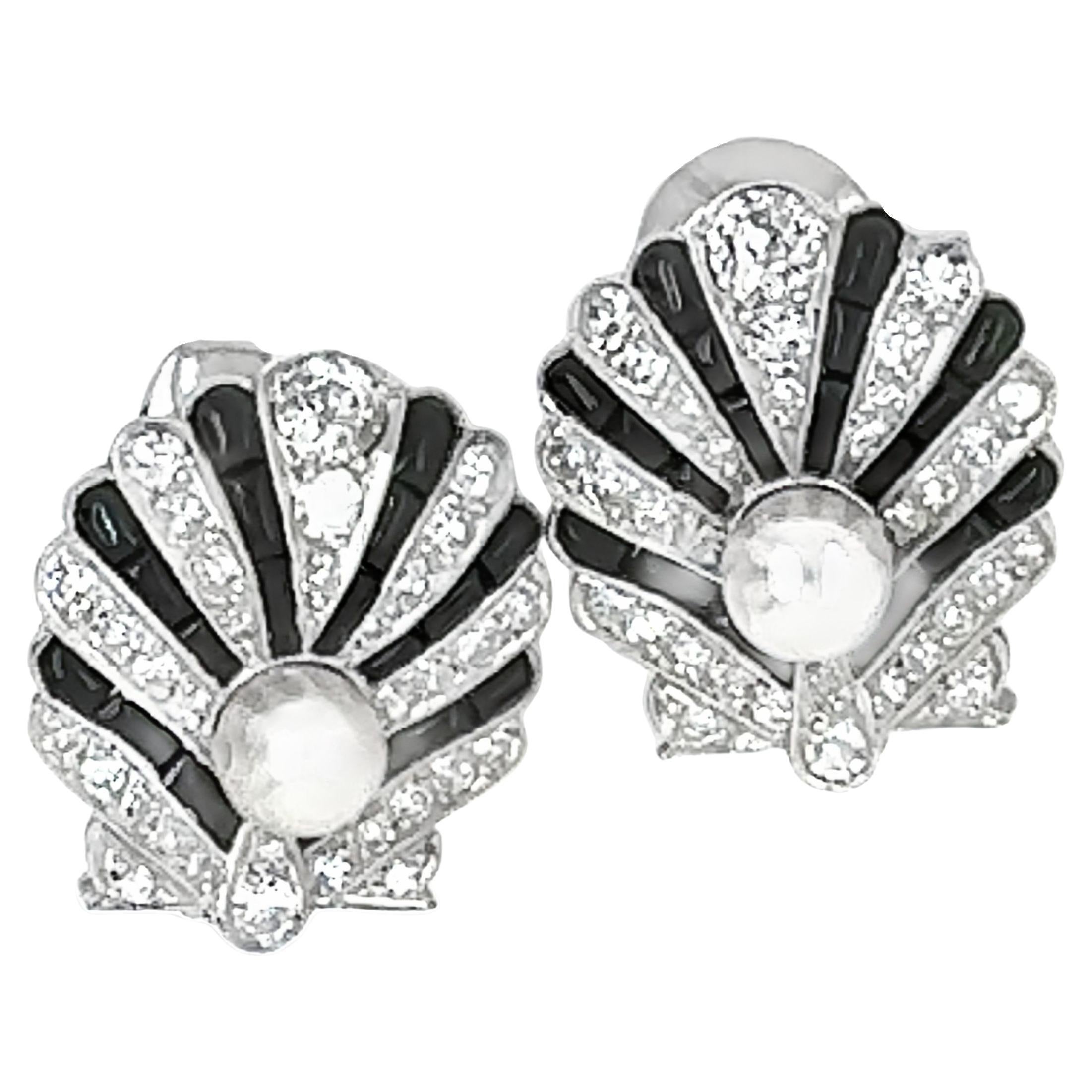 Antique Pearl, Diamond, and Black Onyx Shell design Earrings For Sale