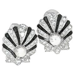 Antique Pearl, Diamond, and Black Onyx Shell design Earrings