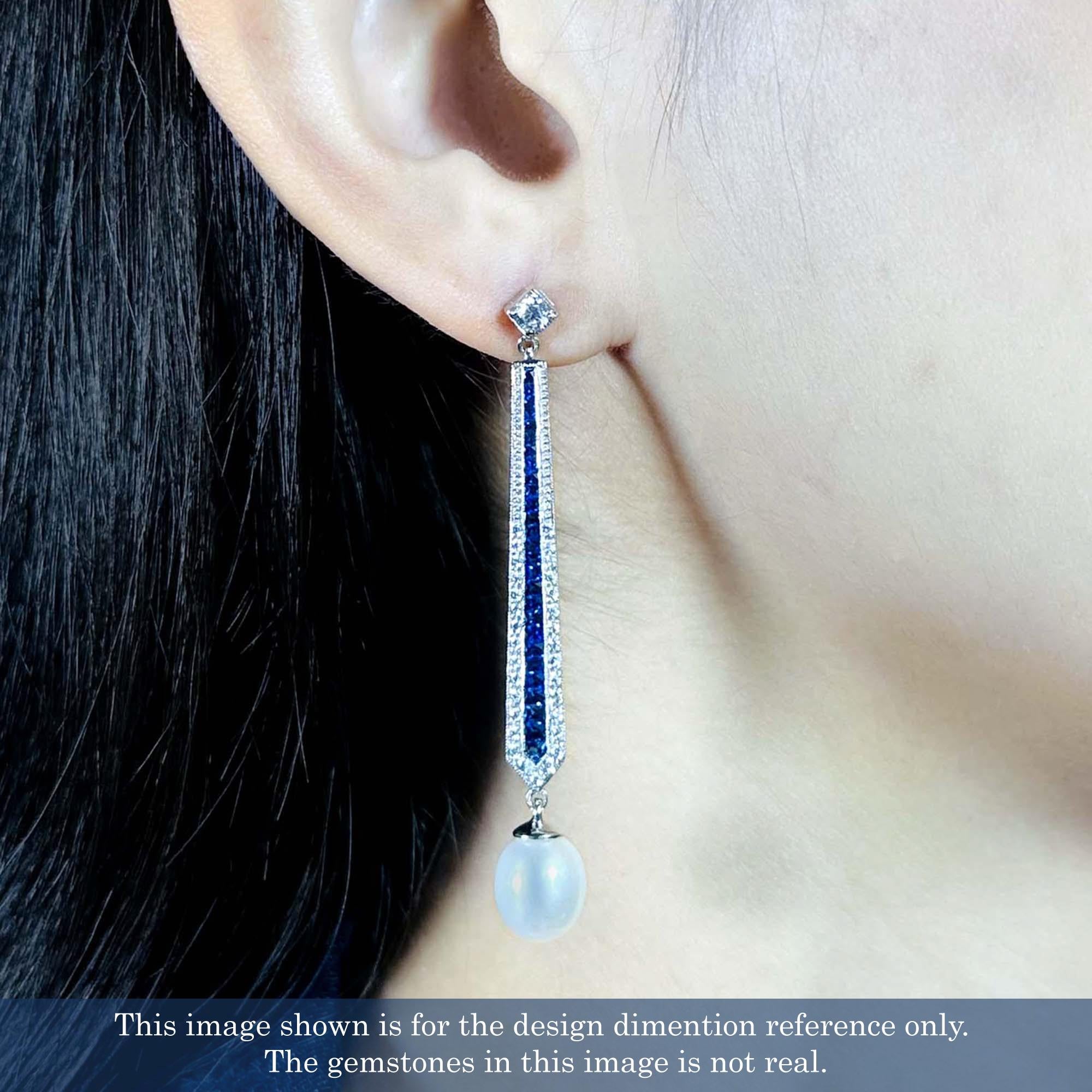 Pendientes de gota estilo vintage de perla, diamante y zafiro azul en oro blanco de 18 quilates en Nuevo estado para la venta en Bangkok, TH