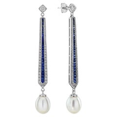 Pearl Diamond and Blue Sapphire Vintage Style Drop Earrings in 18K White Gold