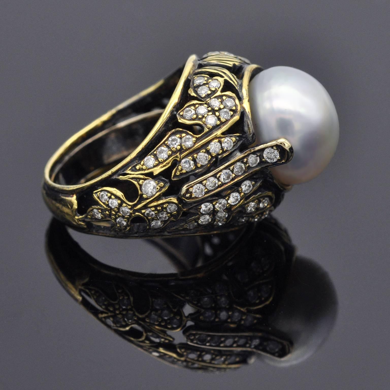 Retro Engraved 18-Karat Gold Pearl and Diamond Cocktail Ring For Sale