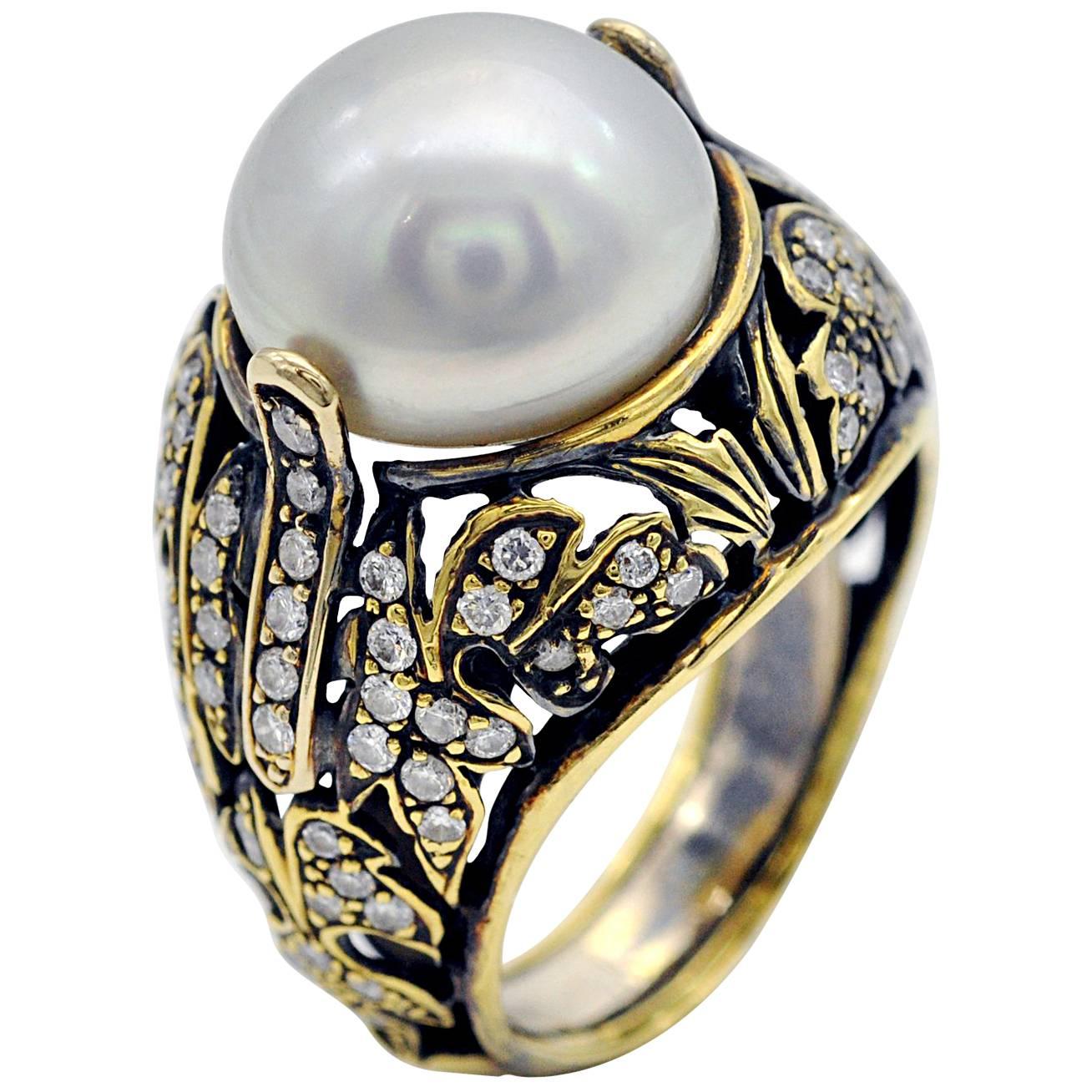 Pearl Diamond and Engraved 18 KT Gold Cocktail Ring