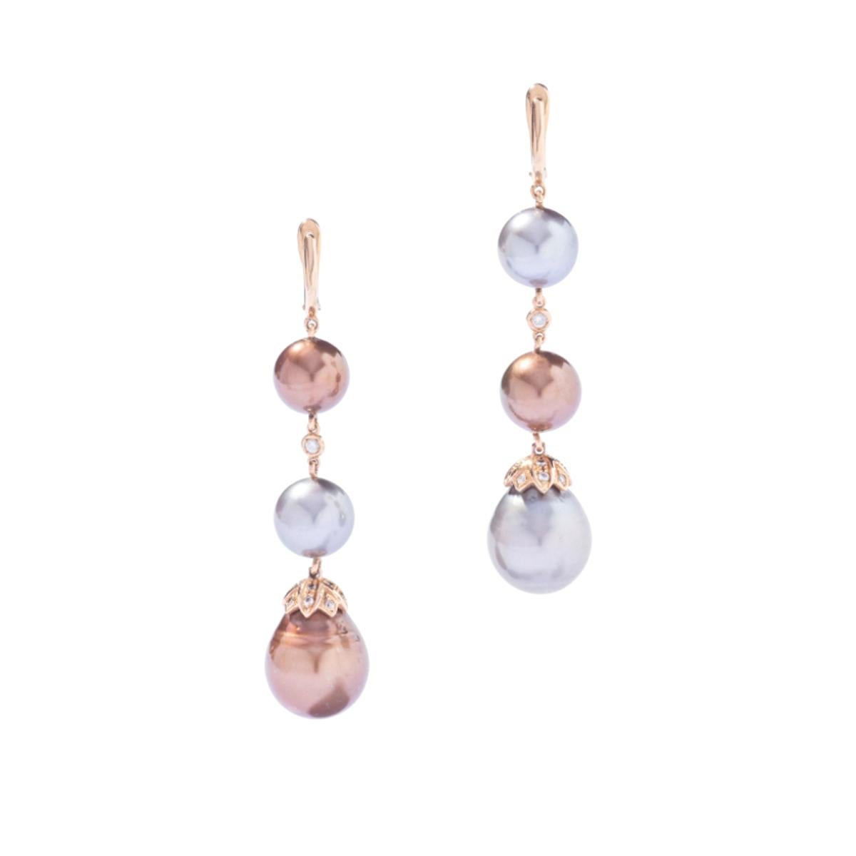 Grey and Brown Pearls mounted on rose Gold and diamond Ear Pendants.

Total length: 2.36 inches (6.00 centimeters).
Biggest pearl width: approximately 12.00 millimeters.

Total weight: 20.28 grams.