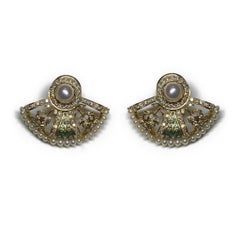 Pearl, Diamond, and Green Enamel Earrings in 18 Karat Gold