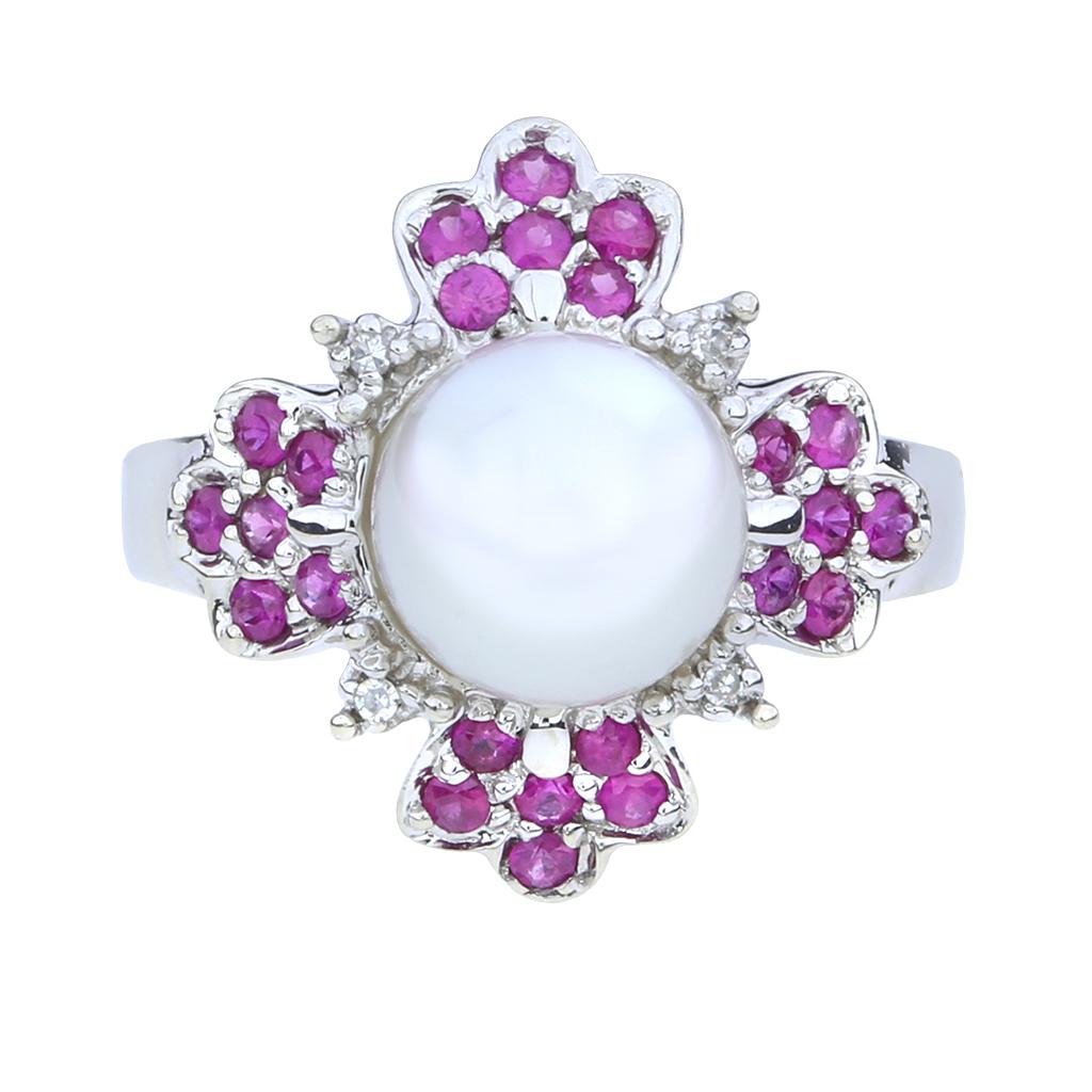 Round Cut Pearl, Diamond and Ruby 14K Cocktail Ring For Sale