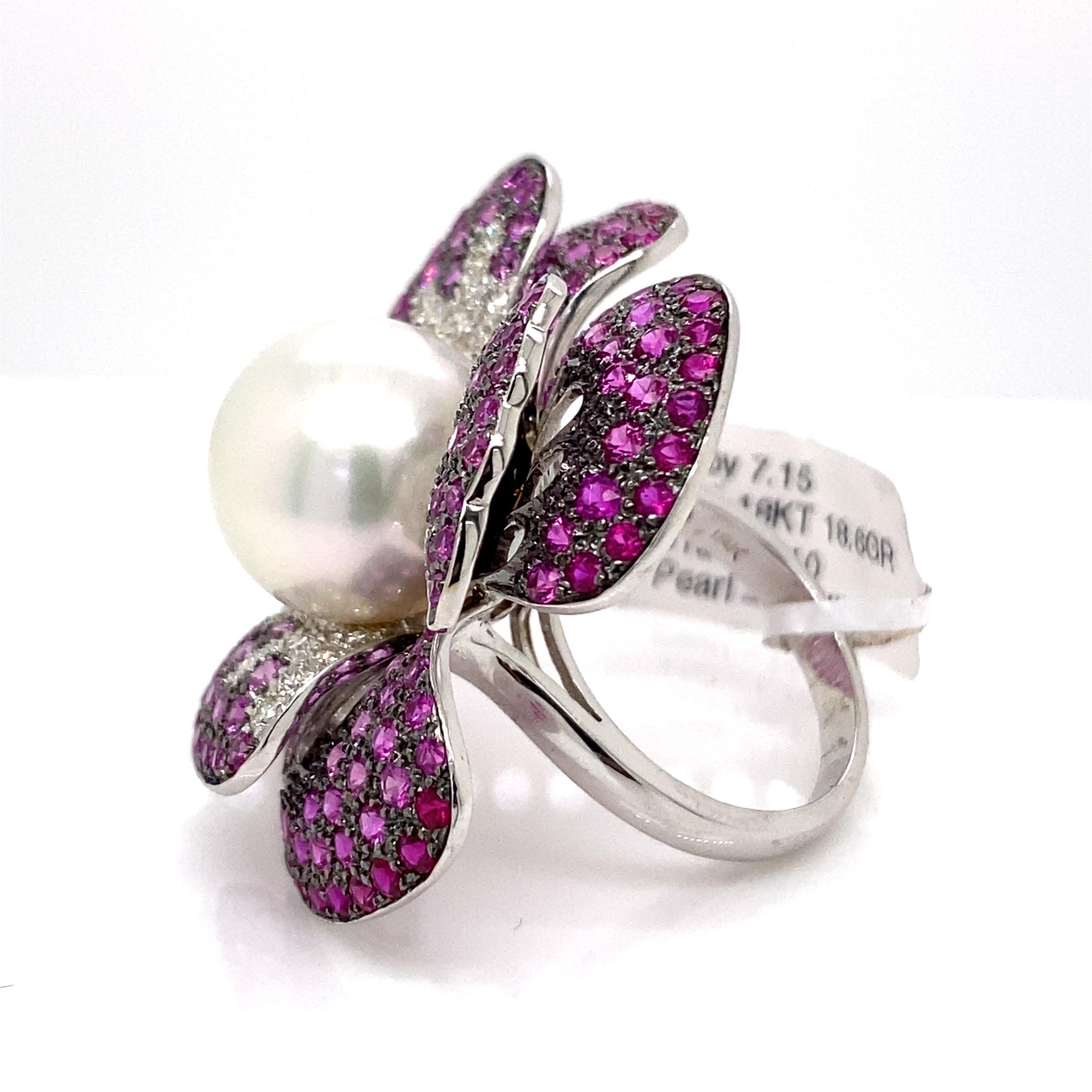 Contemporary Pearl, Diamond, and Ruby Floral Ring 18 Karat White Gold