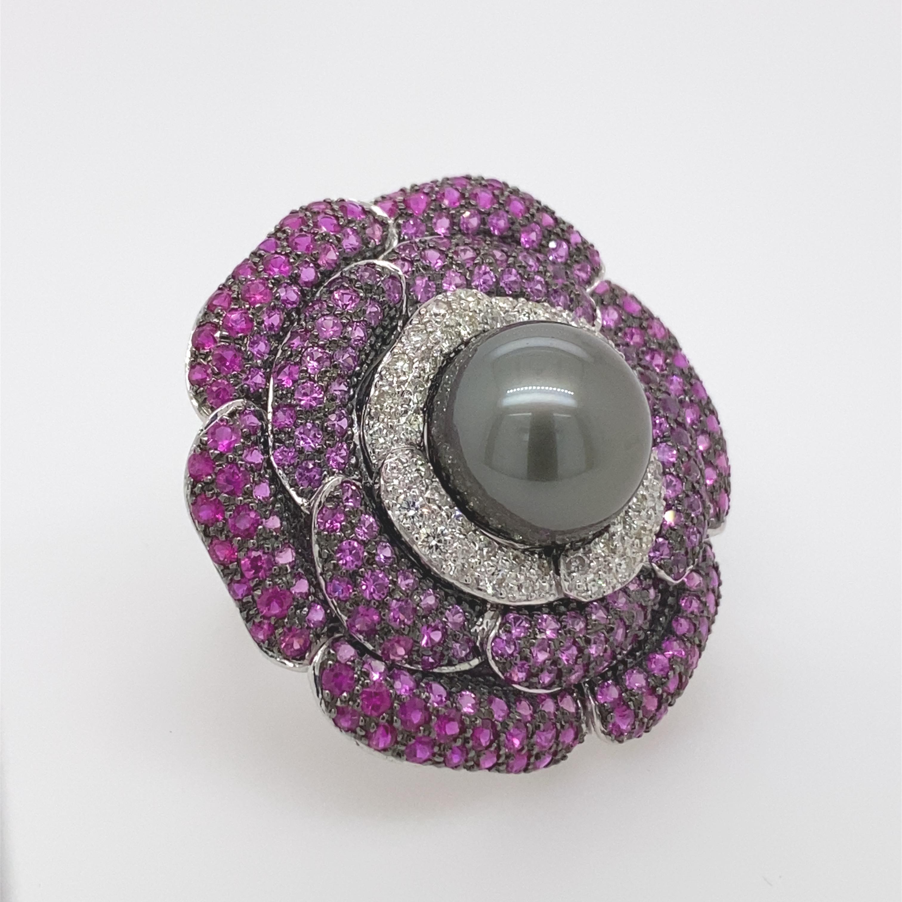 Contemporary Pearl, Diamond, and Ruby Floral Ring 18 Karat White Gold