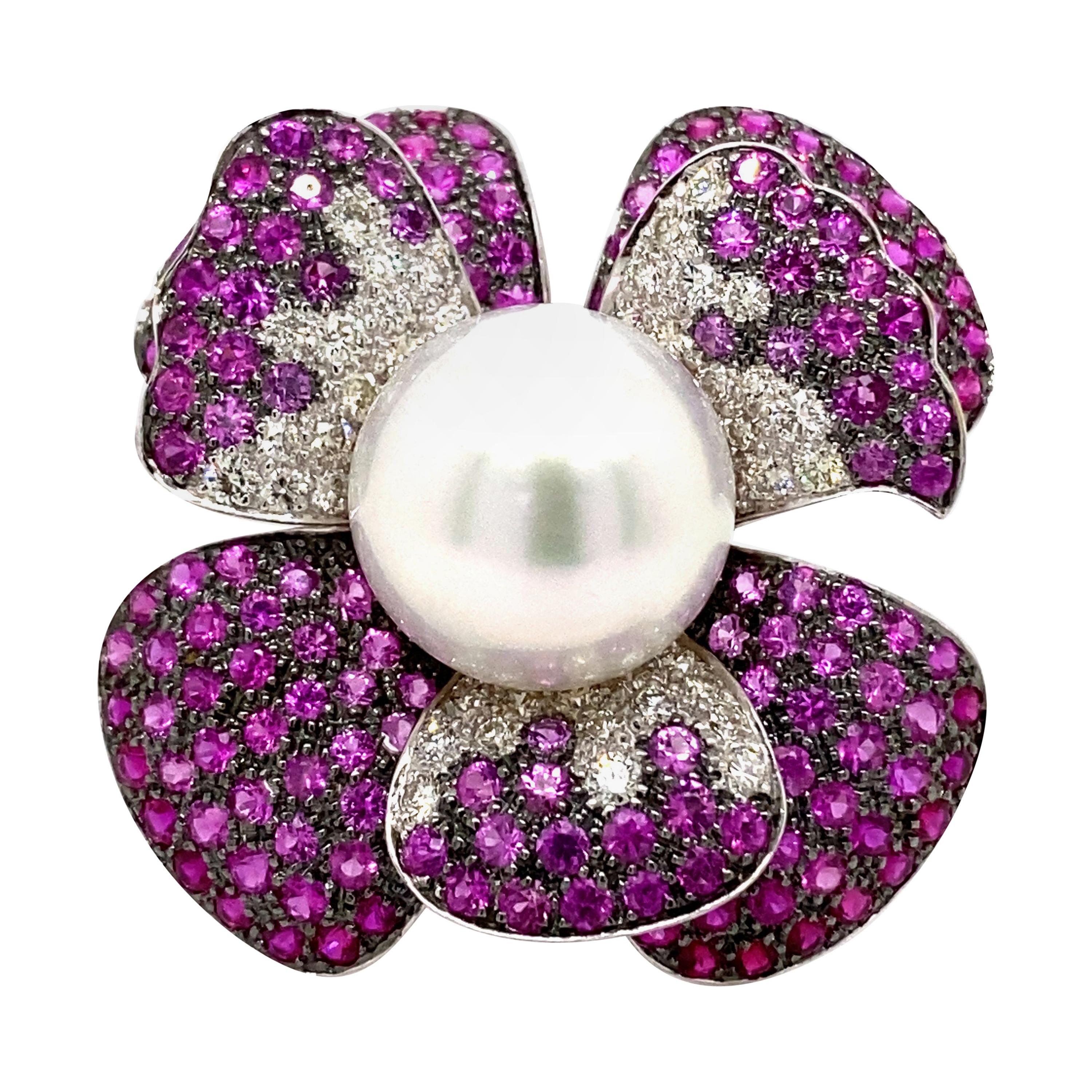 Pearl, Diamond, and Ruby Floral Ring 18 Karat White Gold