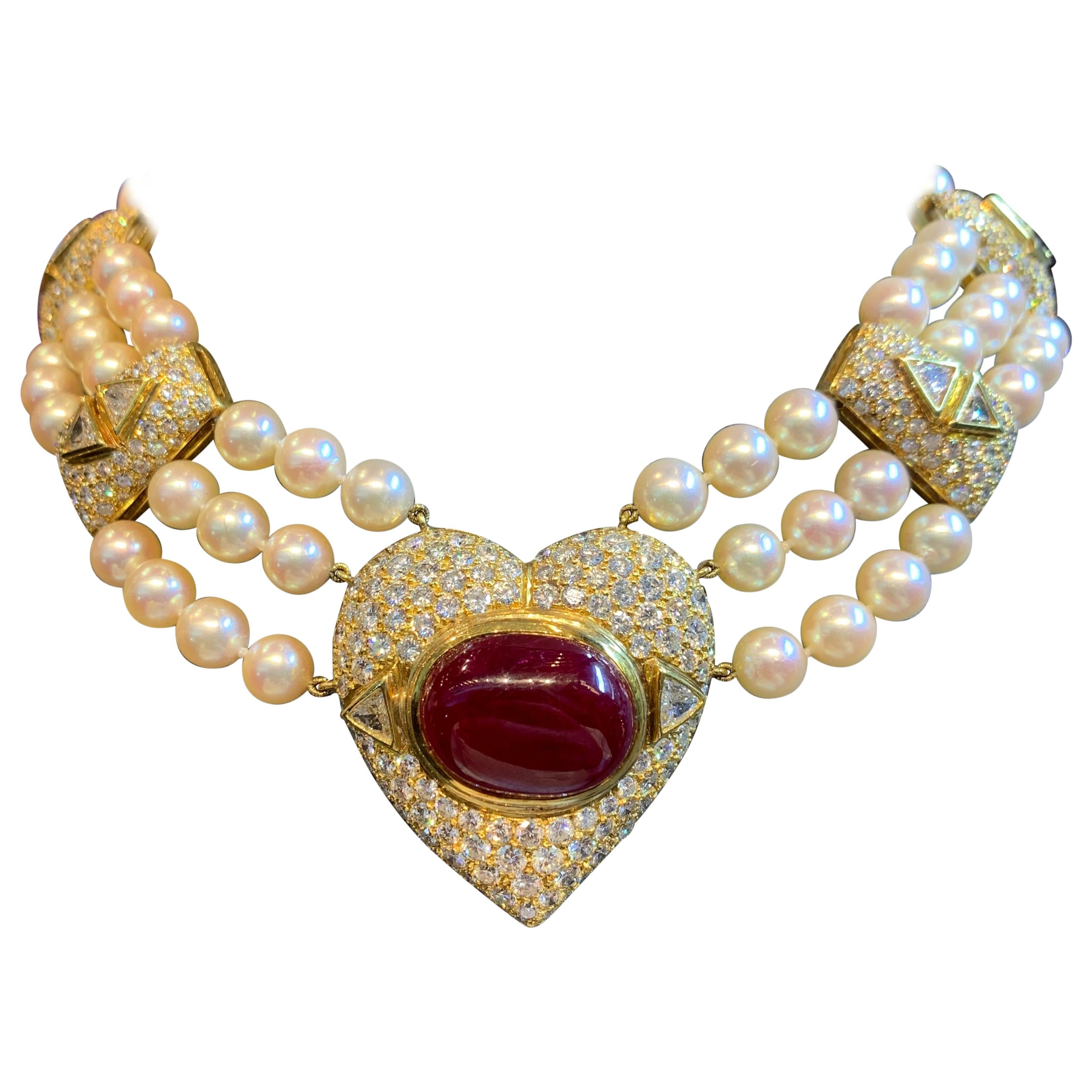 Pearl Diamond and Ruby Multi Strand Heart Necklace