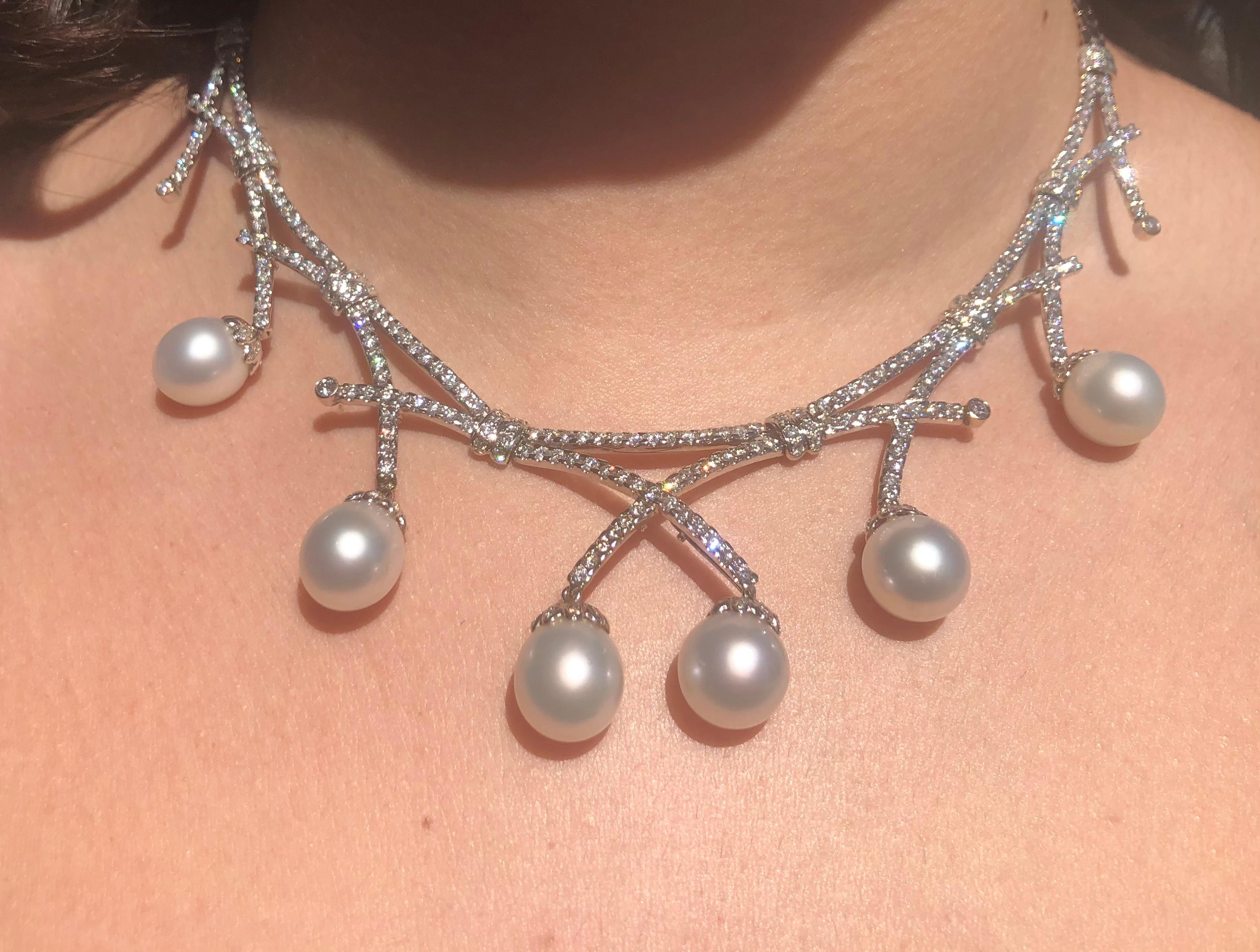 Women's or Men's Pearl Diamond Bib White Gold Necklace For Sale