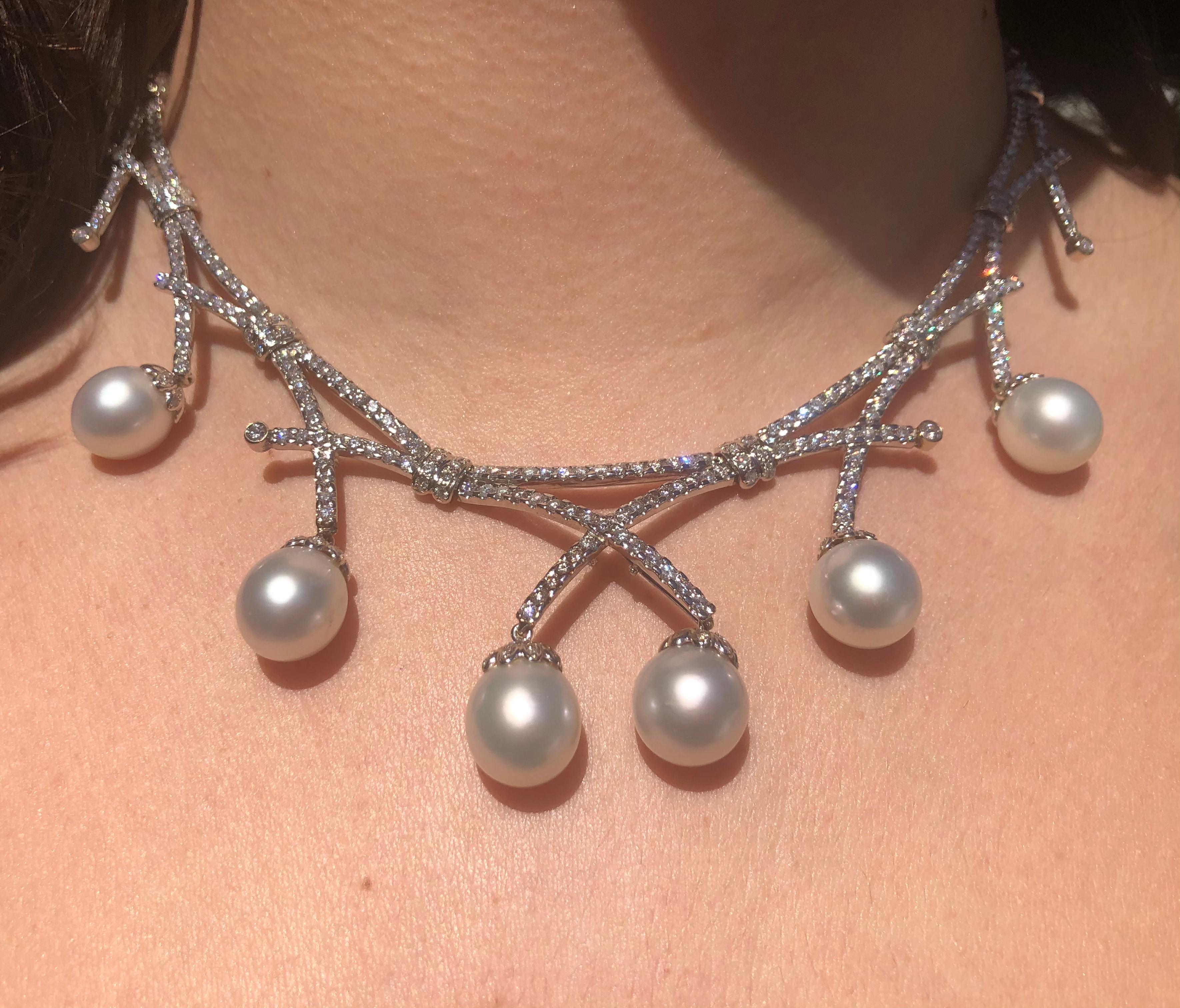 Pearl Diamond Bib White Gold Necklace For Sale 1