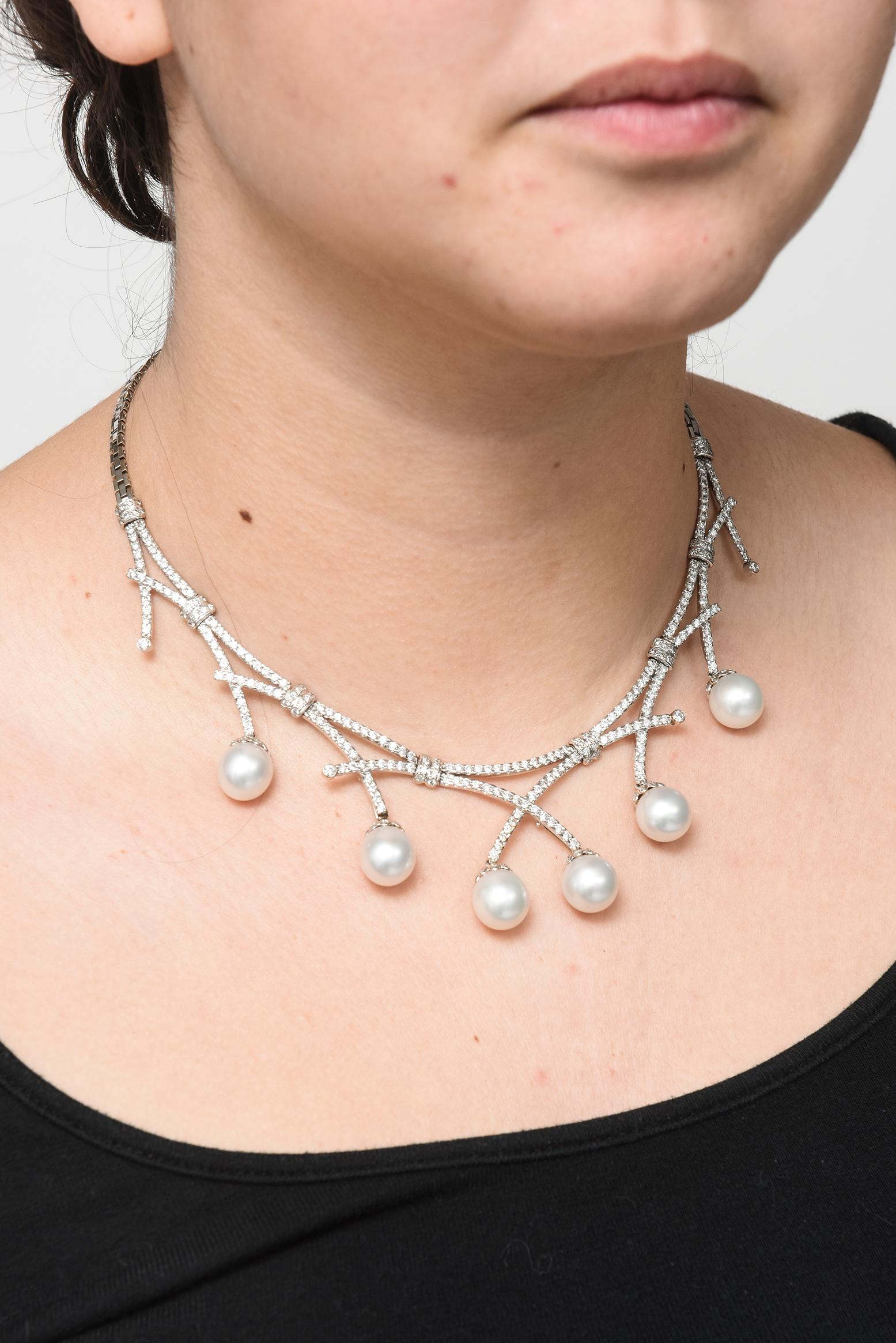 Pearl Diamond Bib White Gold Necklace For Sale 2