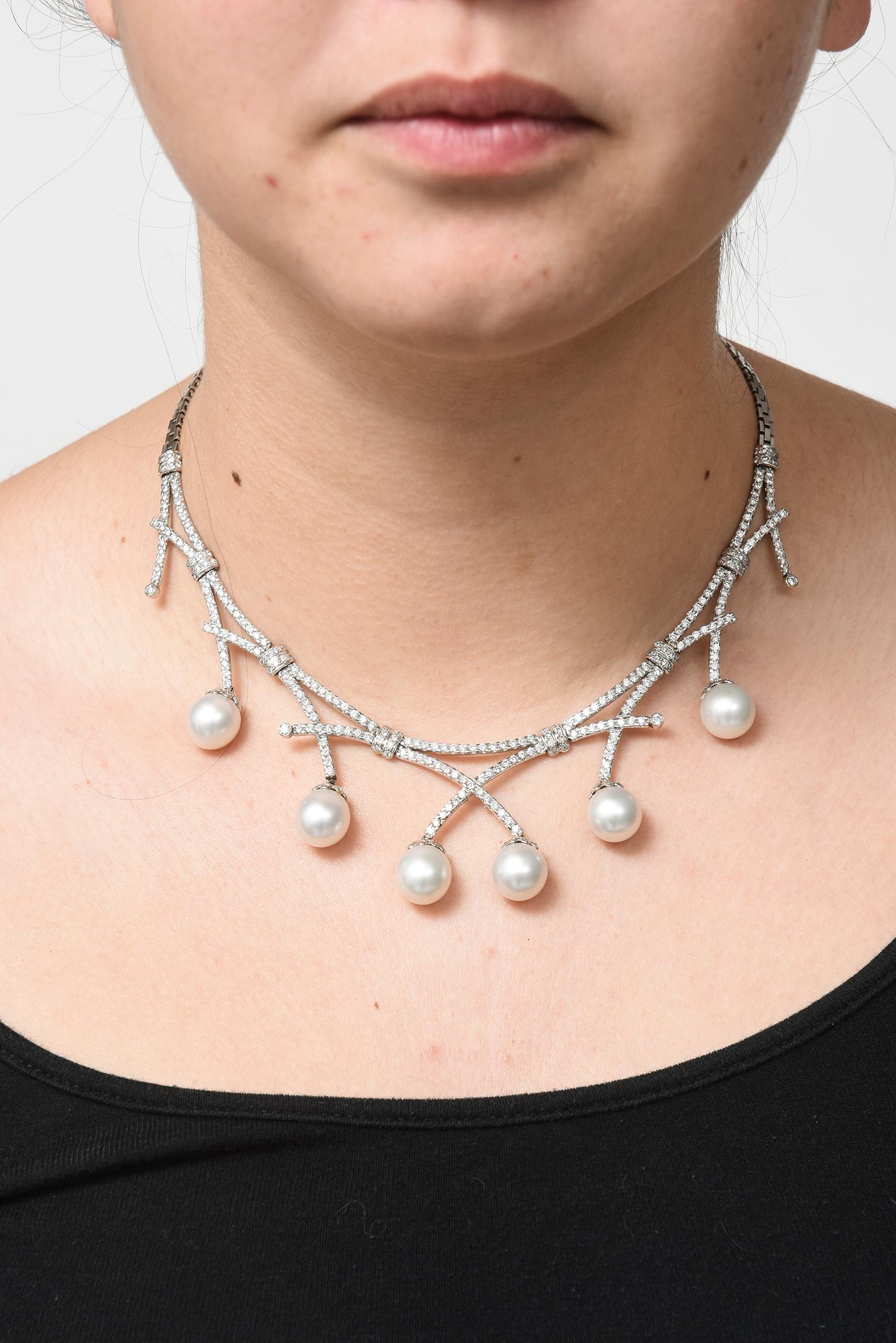 Pearl Diamond Bib White Gold Necklace For Sale 3