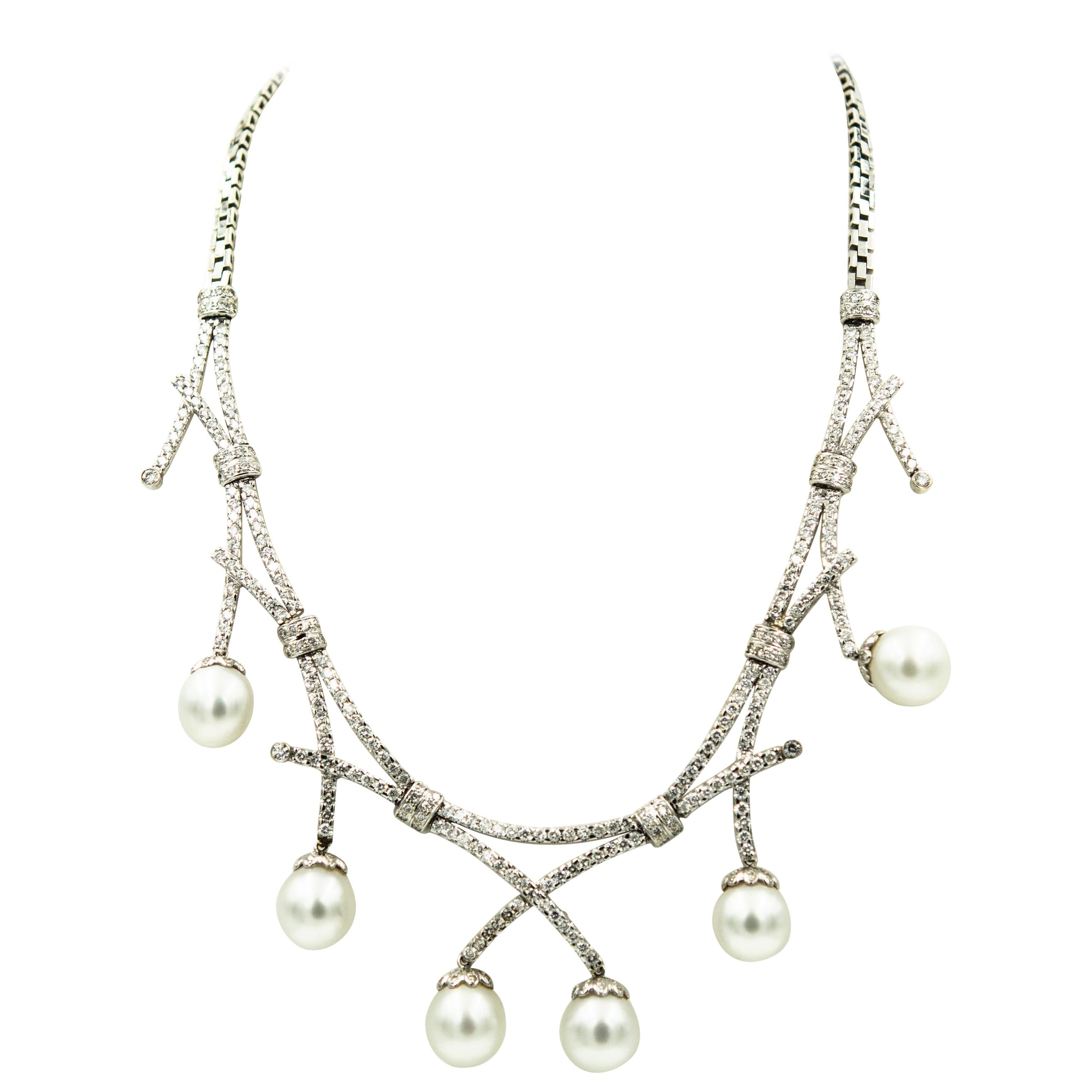 Pearl Diamond Bib White Gold Necklace For Sale
