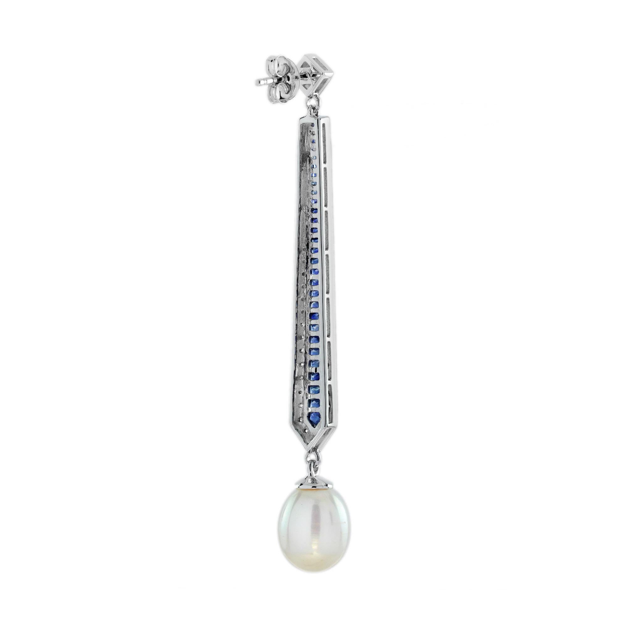 Perle & Diamant Blauer Saphir Vintage Style Tropfen Weißgold Ohrringe (Art déco) im Angebot