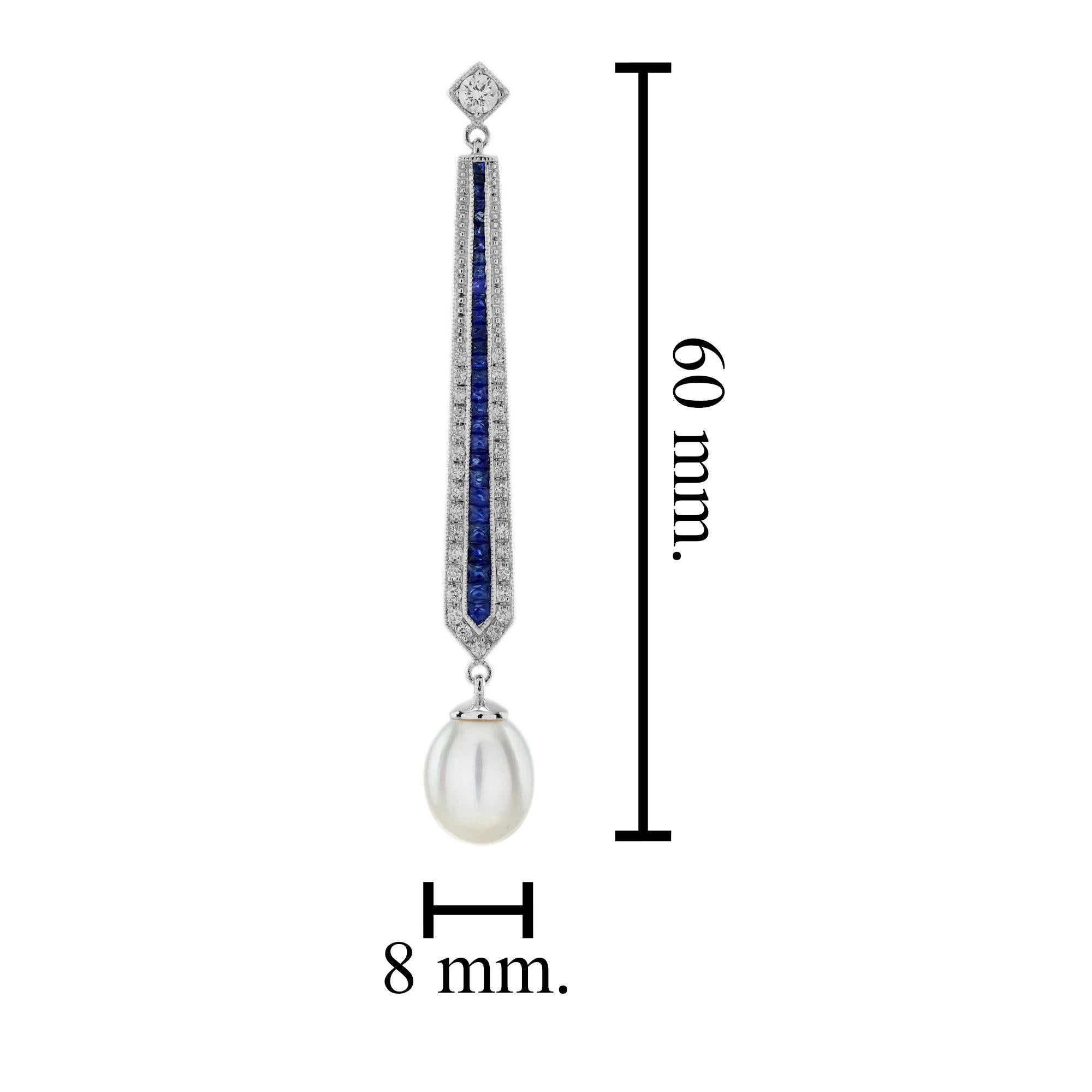 Perle & Diamant Blauer Saphir Vintage Style Tropfen Weißgold Ohrringe (Gemischter Schliff) im Angebot