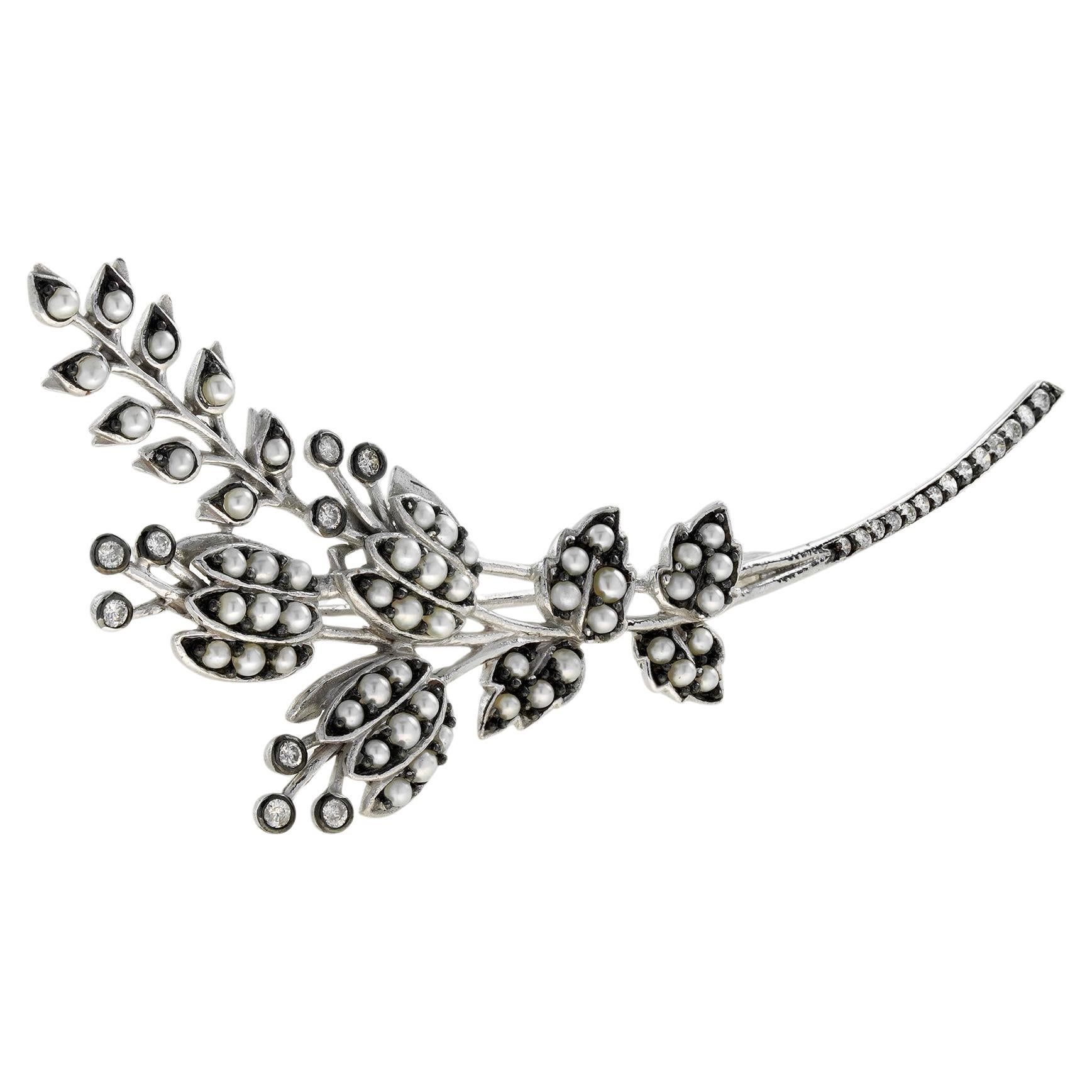 Broche en or blanc 14K Bouquet de perles et de diamants Branch Floral Flower Autumn en vente