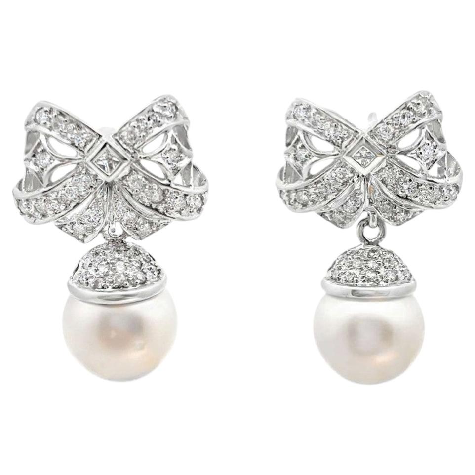 Pearl & Diamond Bow Earrings For Sale