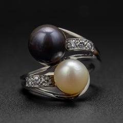 Pearl & Diamond Bypass Ring Midcentury French GIA Certified