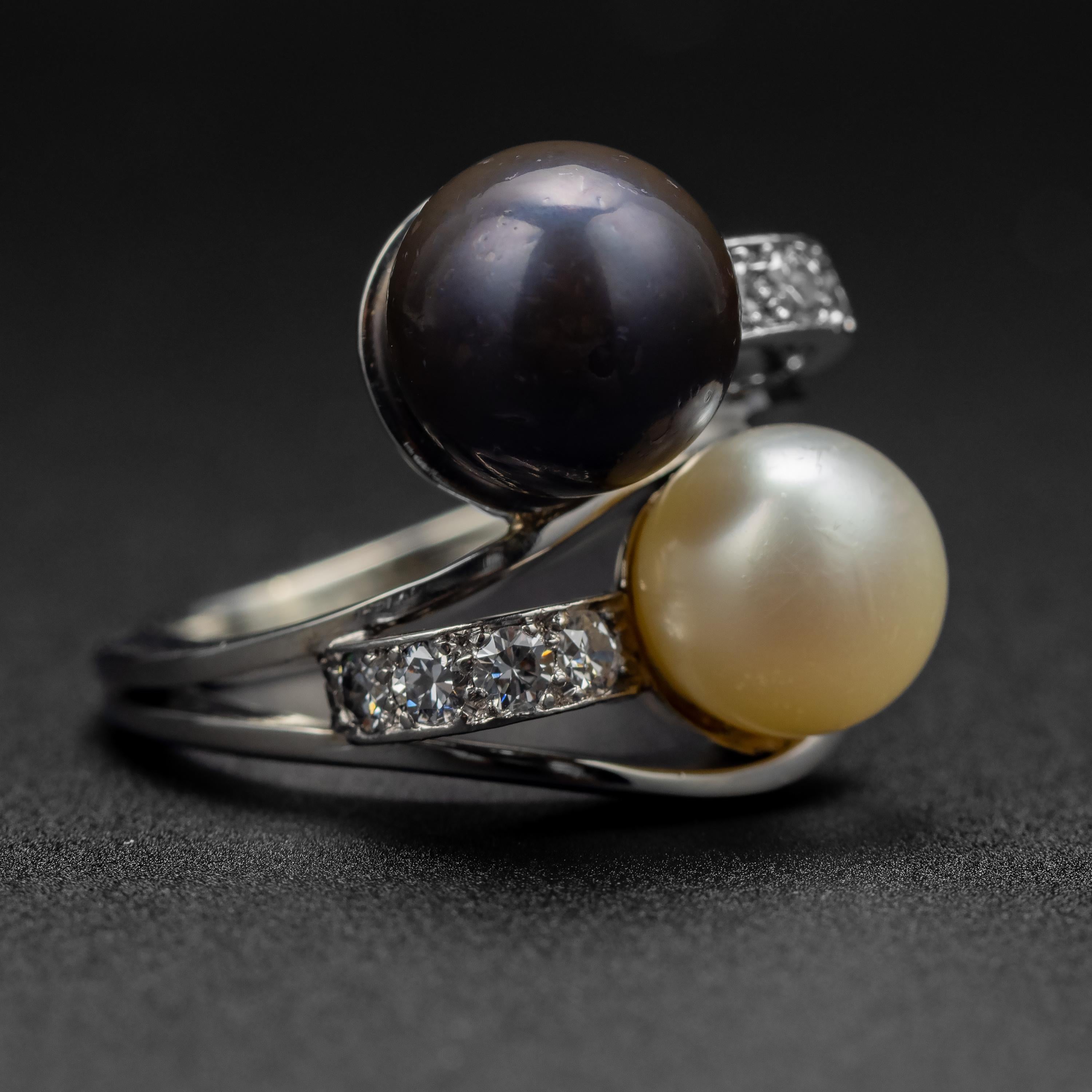 Retro Pearl & Diamond Bypass Ring Midcentury French GIA Certified For Sale