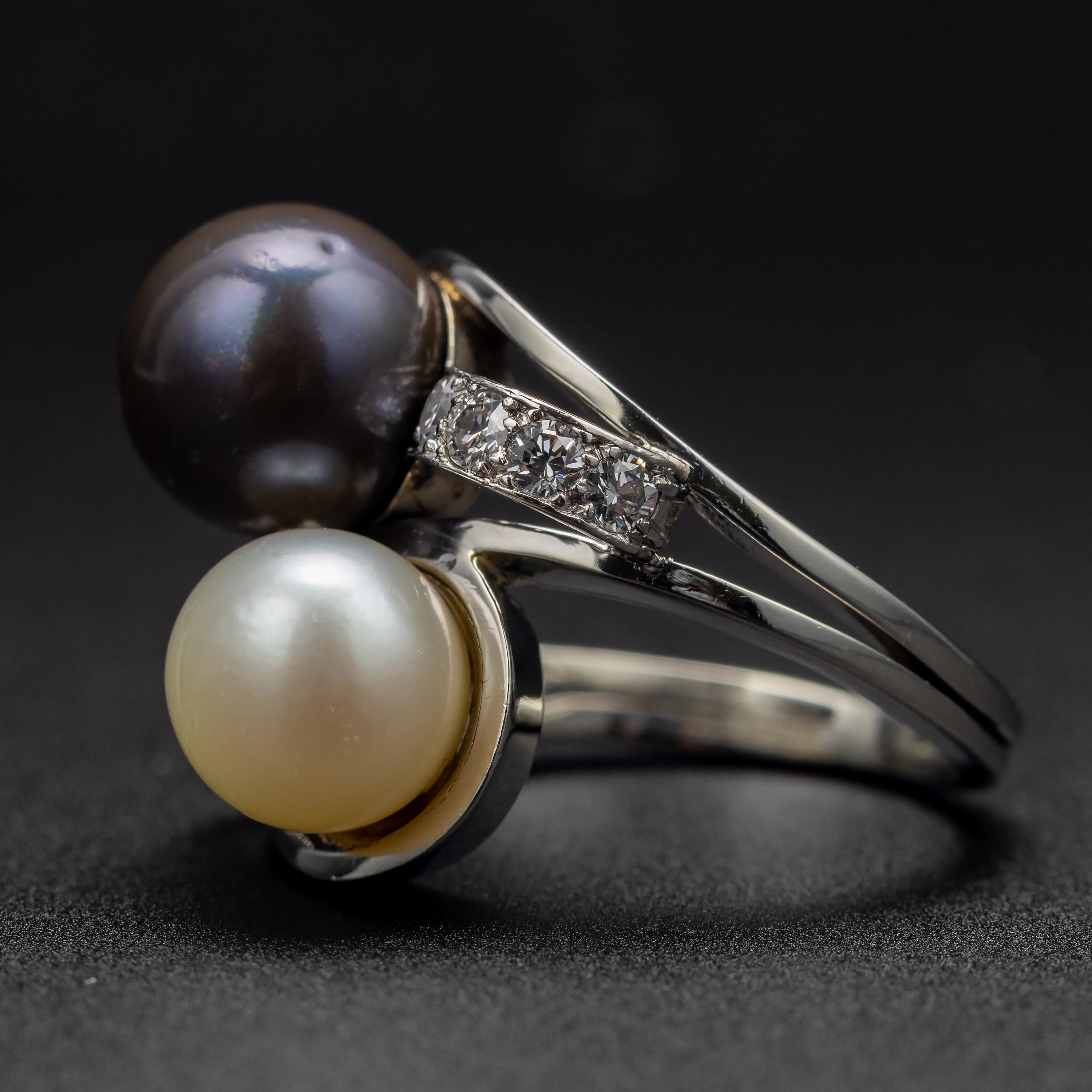Bead Pearl & Diamond Bypass Ring Midcentury French GIA Certified For Sale