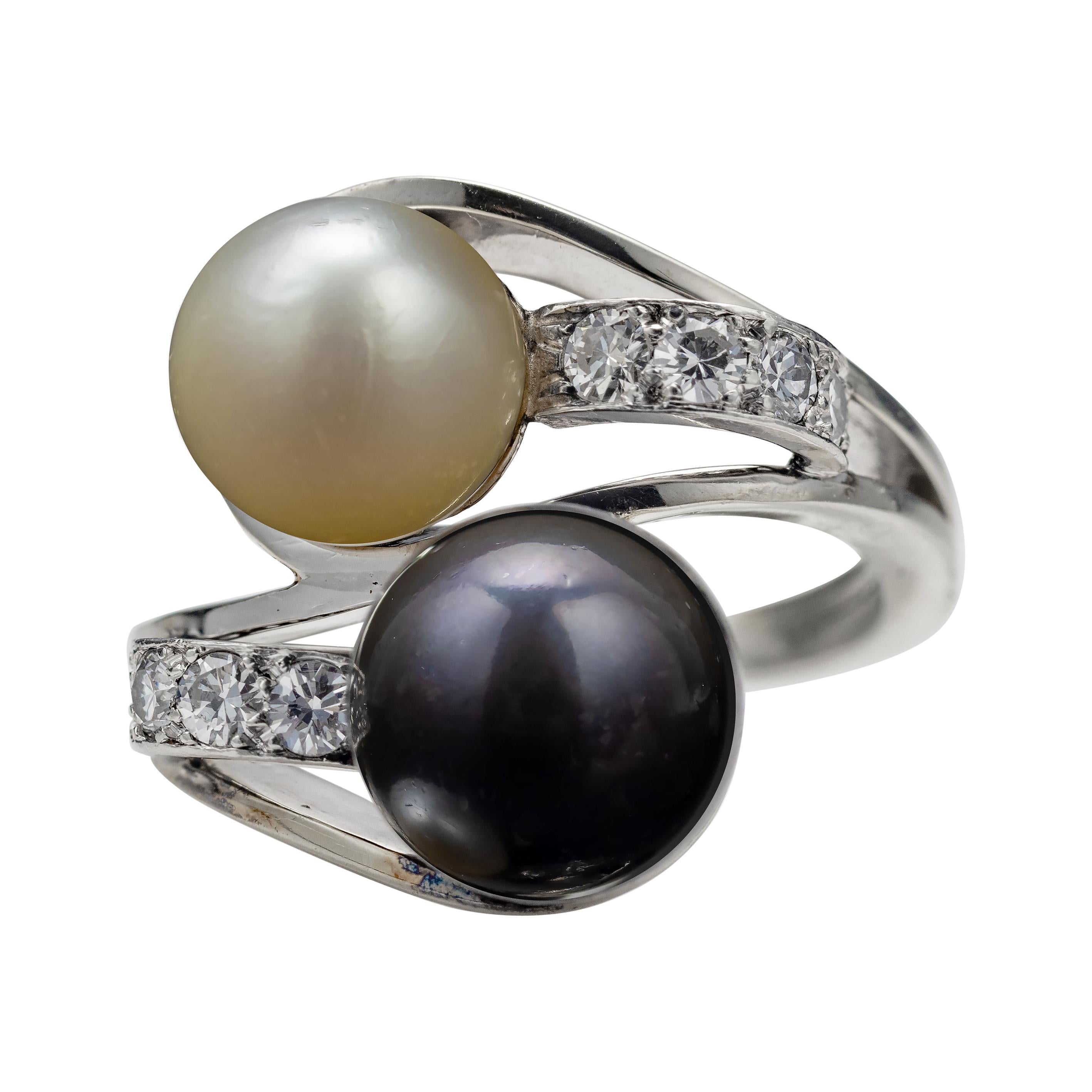 Pearl & Diamond Bypass Ring Midcentury French GIA Certified