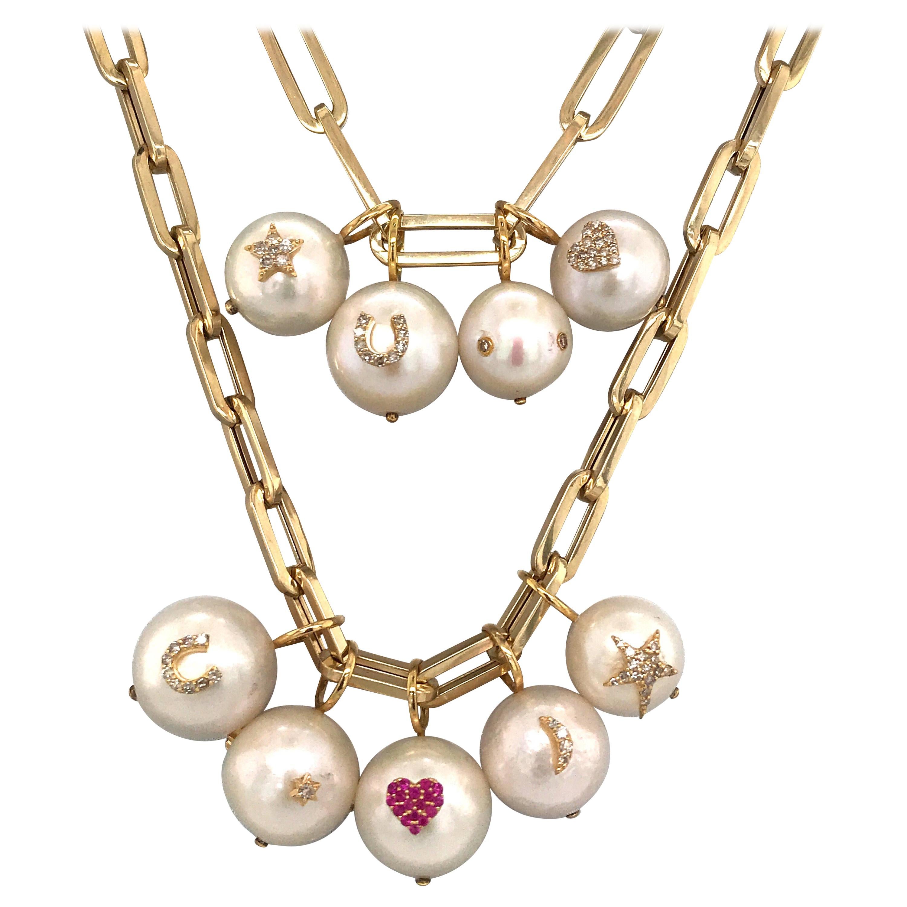 Pearl Diamond Charm Link Necklace 14 Karat Yellow Gold For Sale