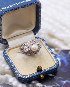Pearl diamond cocktail ring in platinum