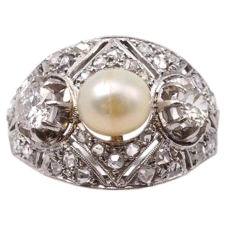 Pearl diamond cocktail ring in platinum For Sale