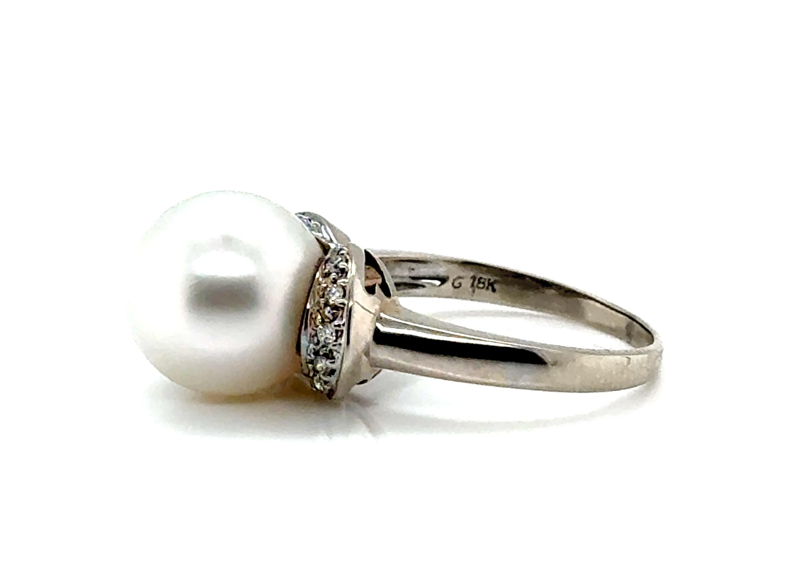Pearl Diamond Cocktail Statement Ring 18K White Gold Natural 11.5mm Pearl .20ct 1