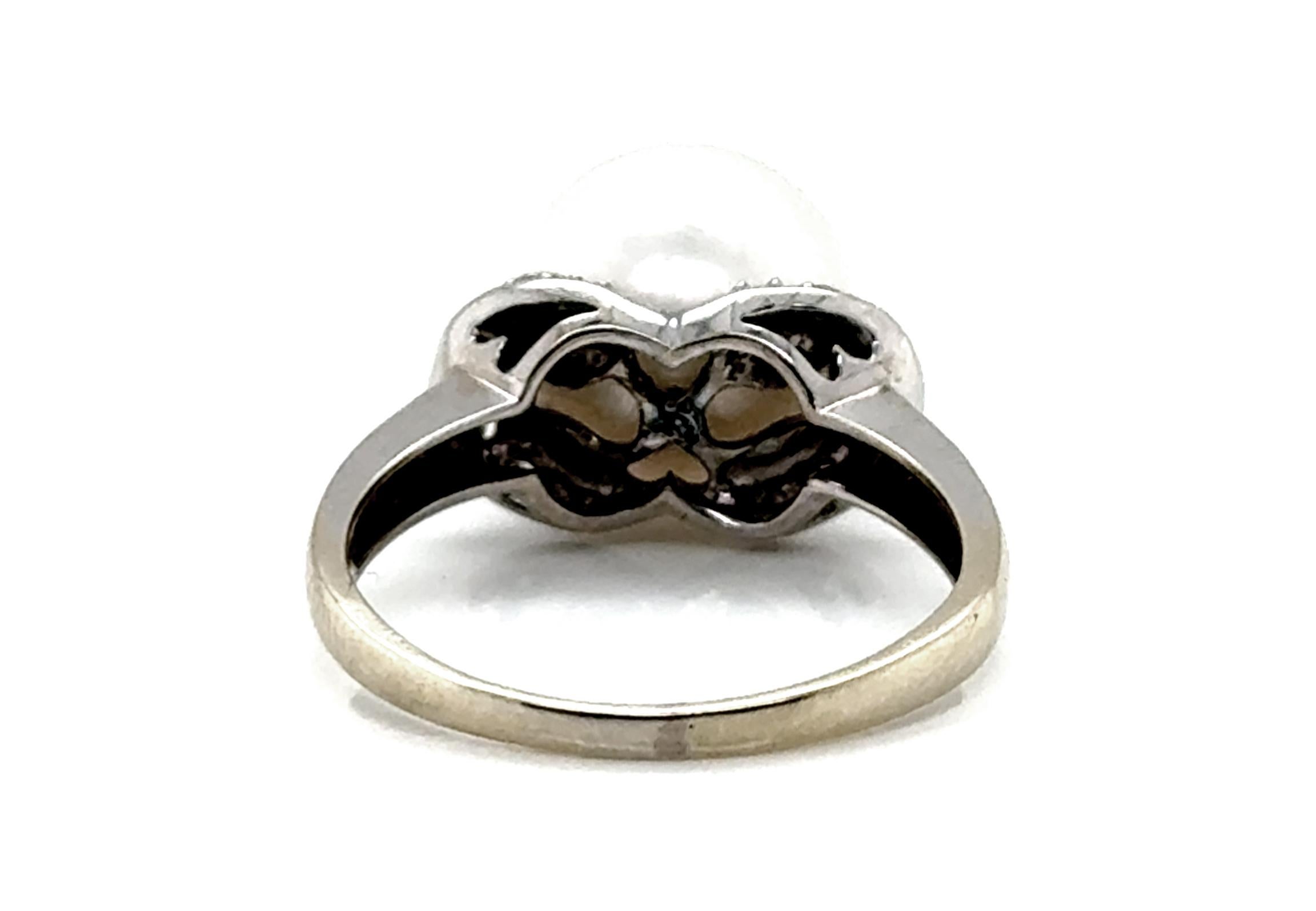 Pearl Diamond Cocktail Statement Ring 18K White Gold Natural 11.5mm Pearl .20ct 3