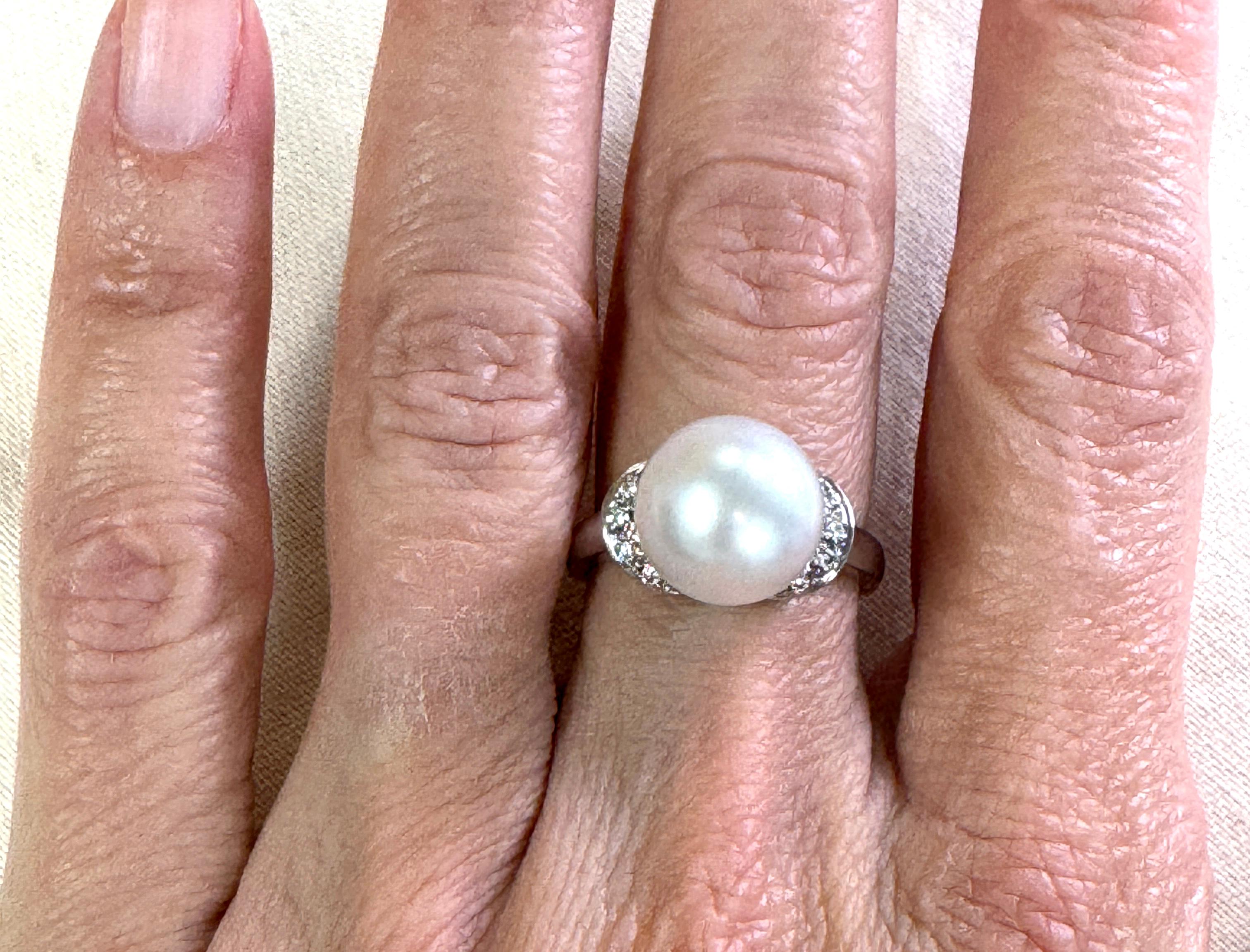 Pearl Diamond Cocktail Statement Ring 18K White Gold Natural 11.5mm Pearl .20ct 4