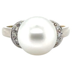 Pearl Diamond Cocktail Statement Ring 18K White Gold Natural 11.5mm Pearl .20ct