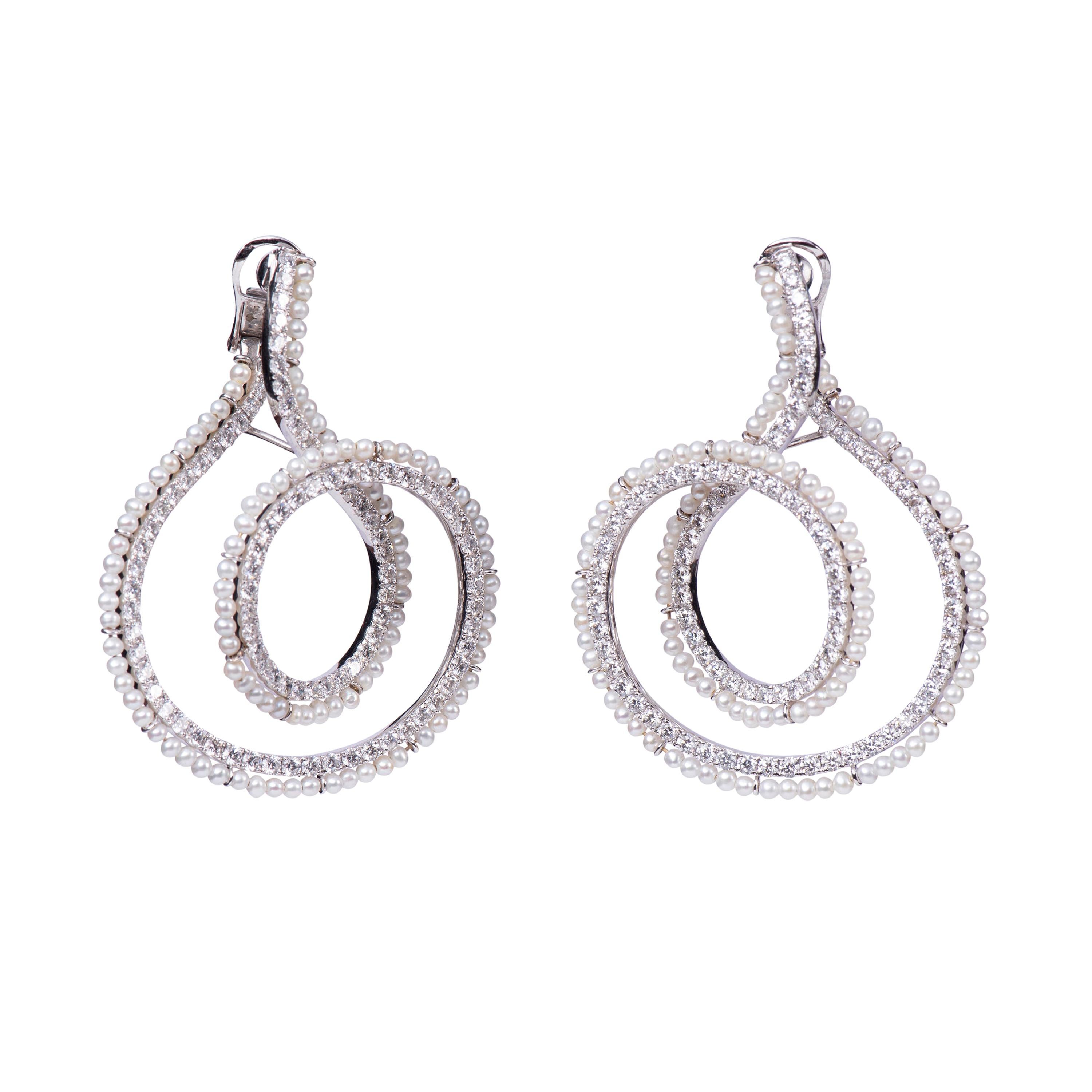 Pearl Diamond Double Swirl Earring For Sale