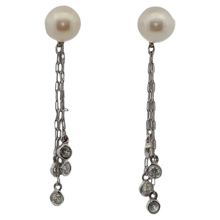 Pearl Diamond Drop Earrings 14 Karat White Gold im Angebot