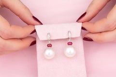 Pearl Diamond Drop Earrings Hoop Ruby Design by Ella Gafter