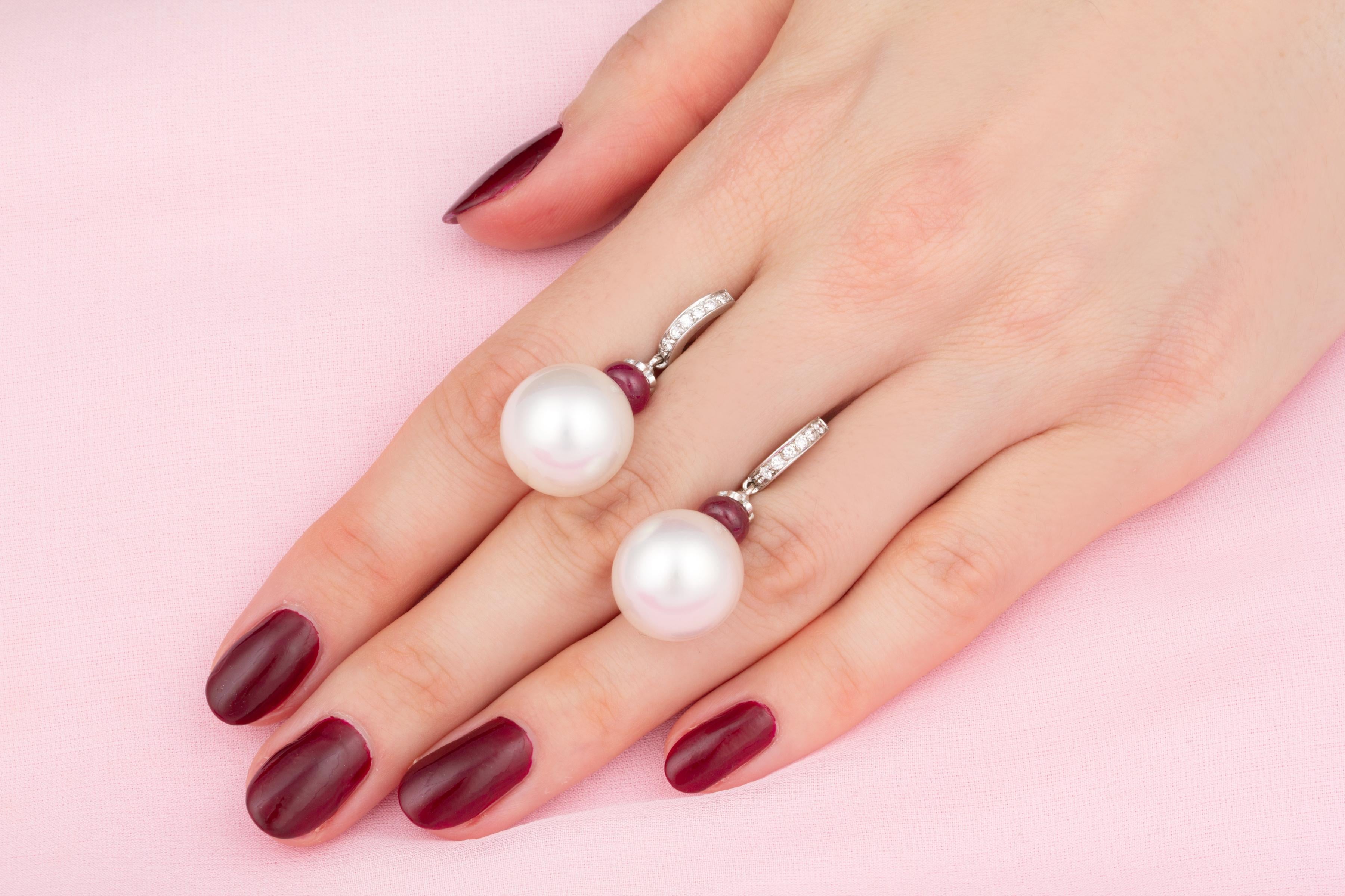 Artist Pearl Diamond Drop Earrings Hoop Ruby Design by Ella Gafter For Sale