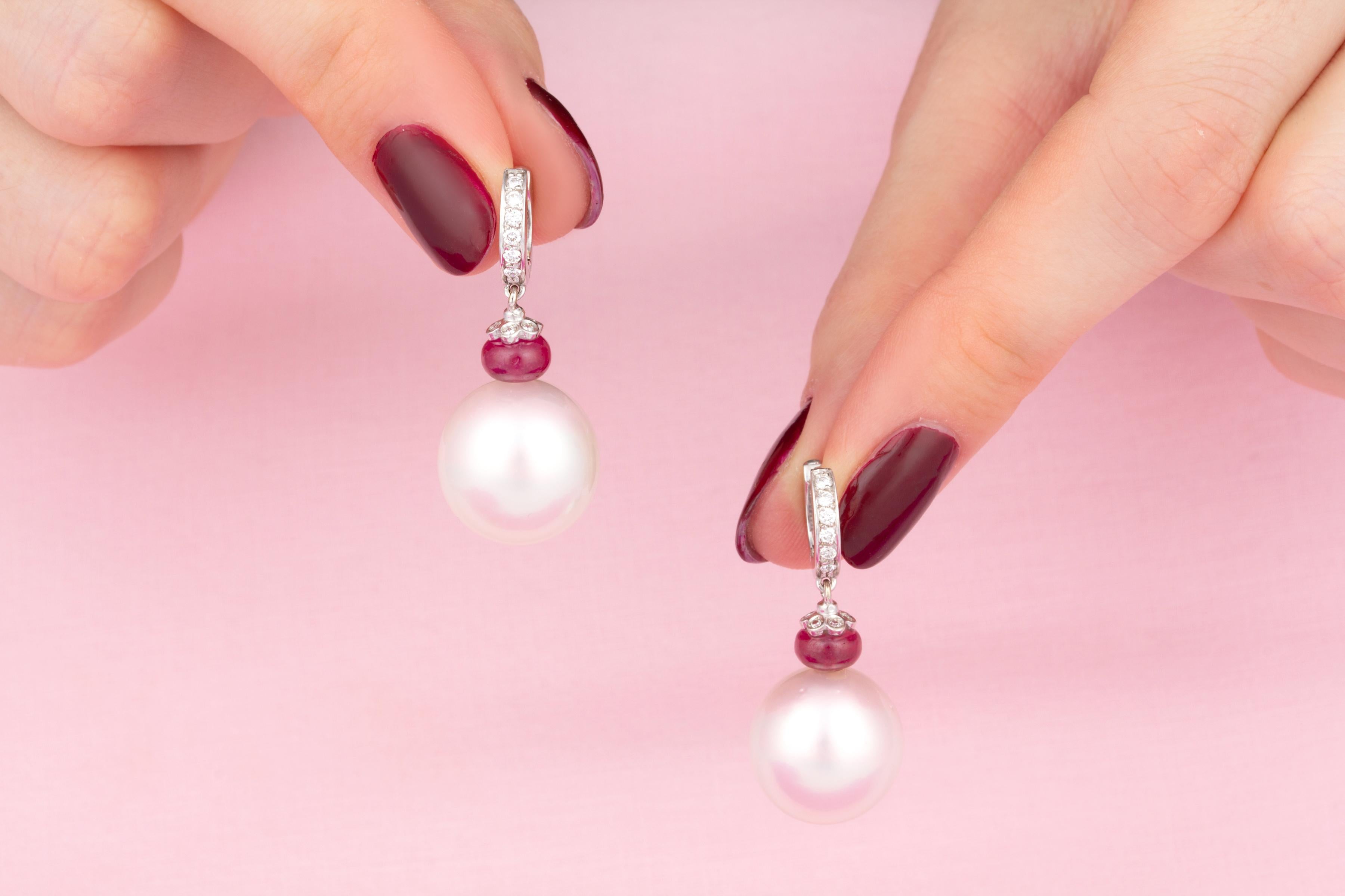 Brilliant Cut Pearl Diamond Drop Earrings Hoop Ruby Design by Ella Gafter For Sale