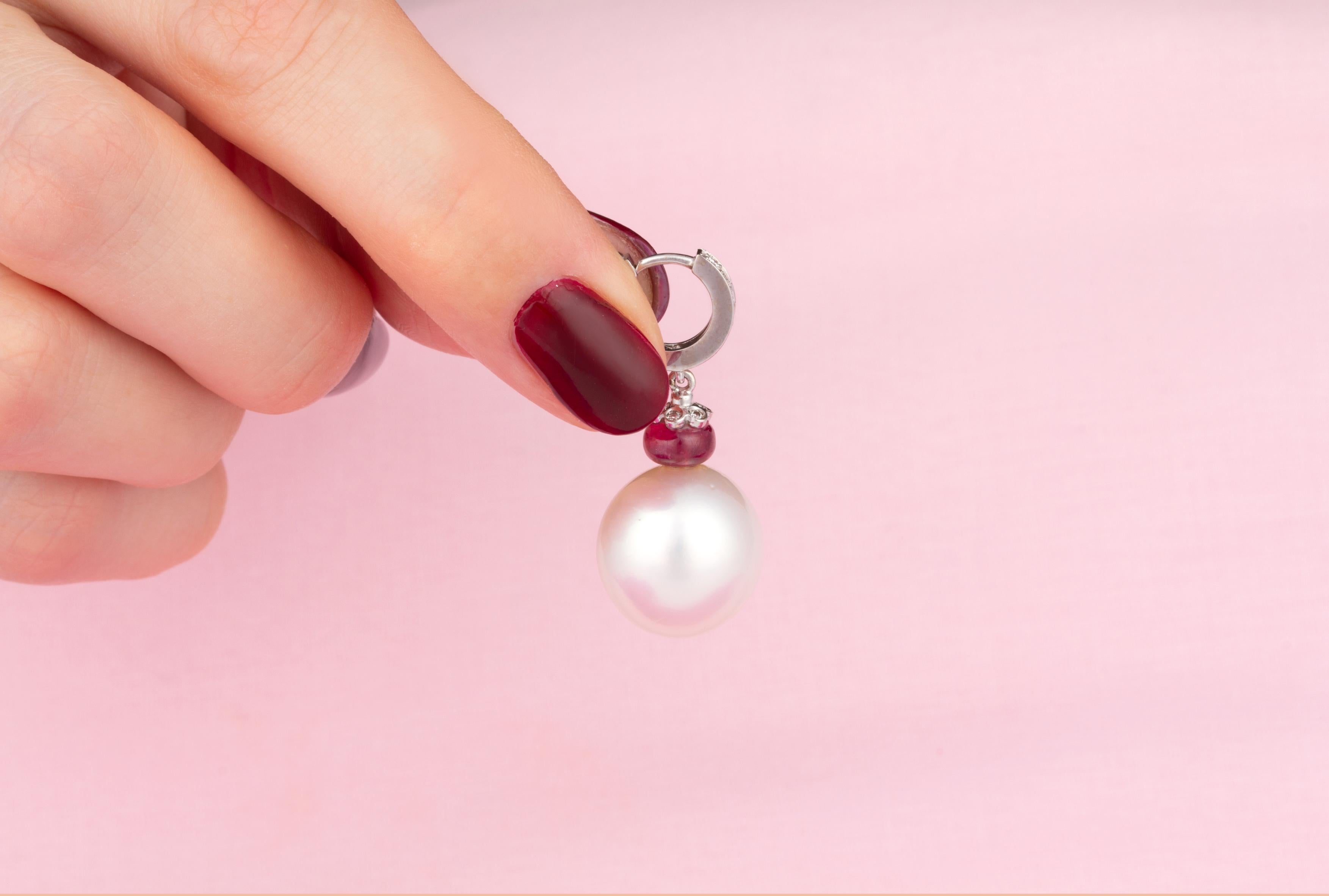 Pearl Diamond Drop Earrings Hoop Ruby Design by Ella Gafter In New Condition For Sale In New York, NY