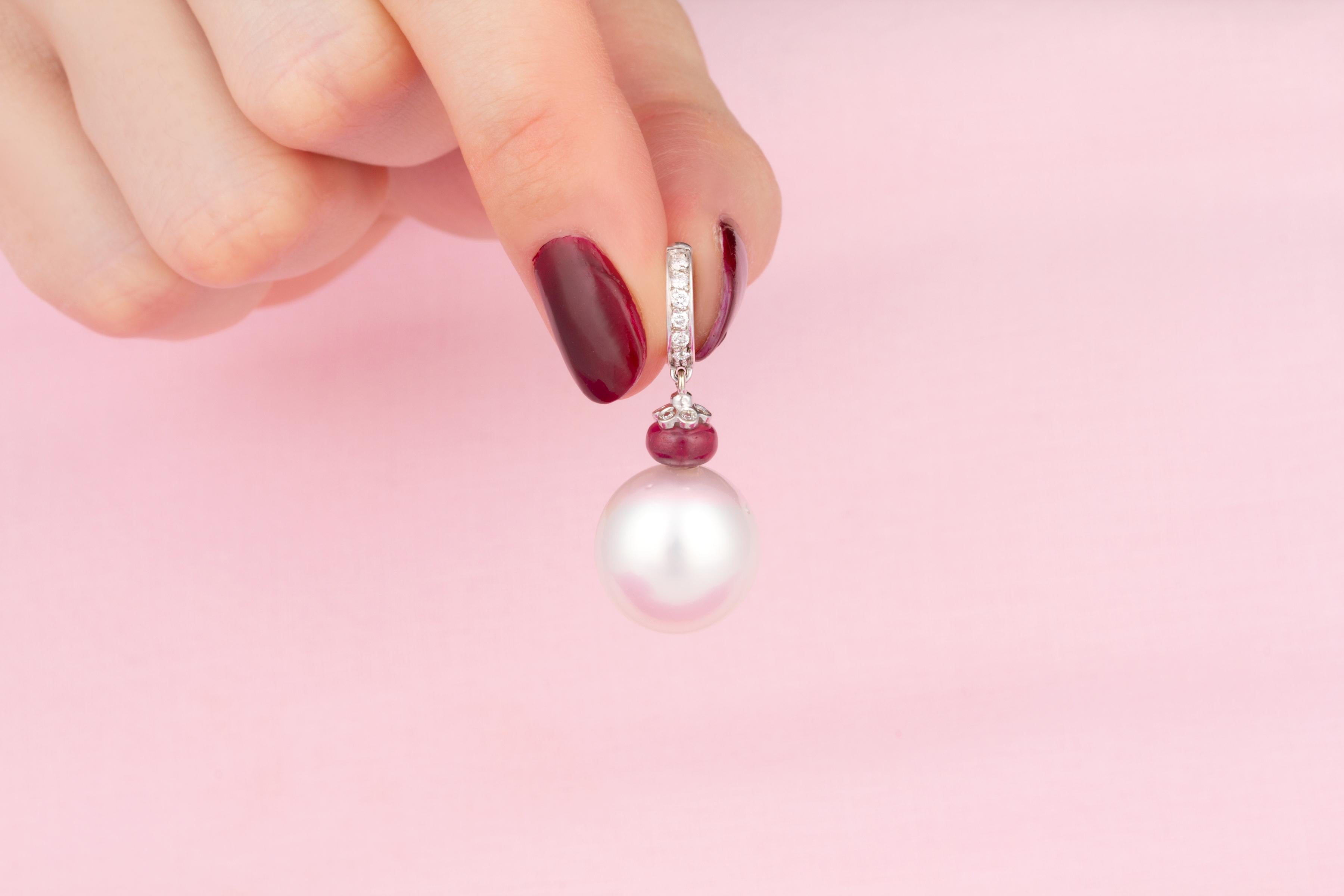 Women's Pearl Diamond Drop Earrings Hoop Ruby Design by Ella Gafter For Sale