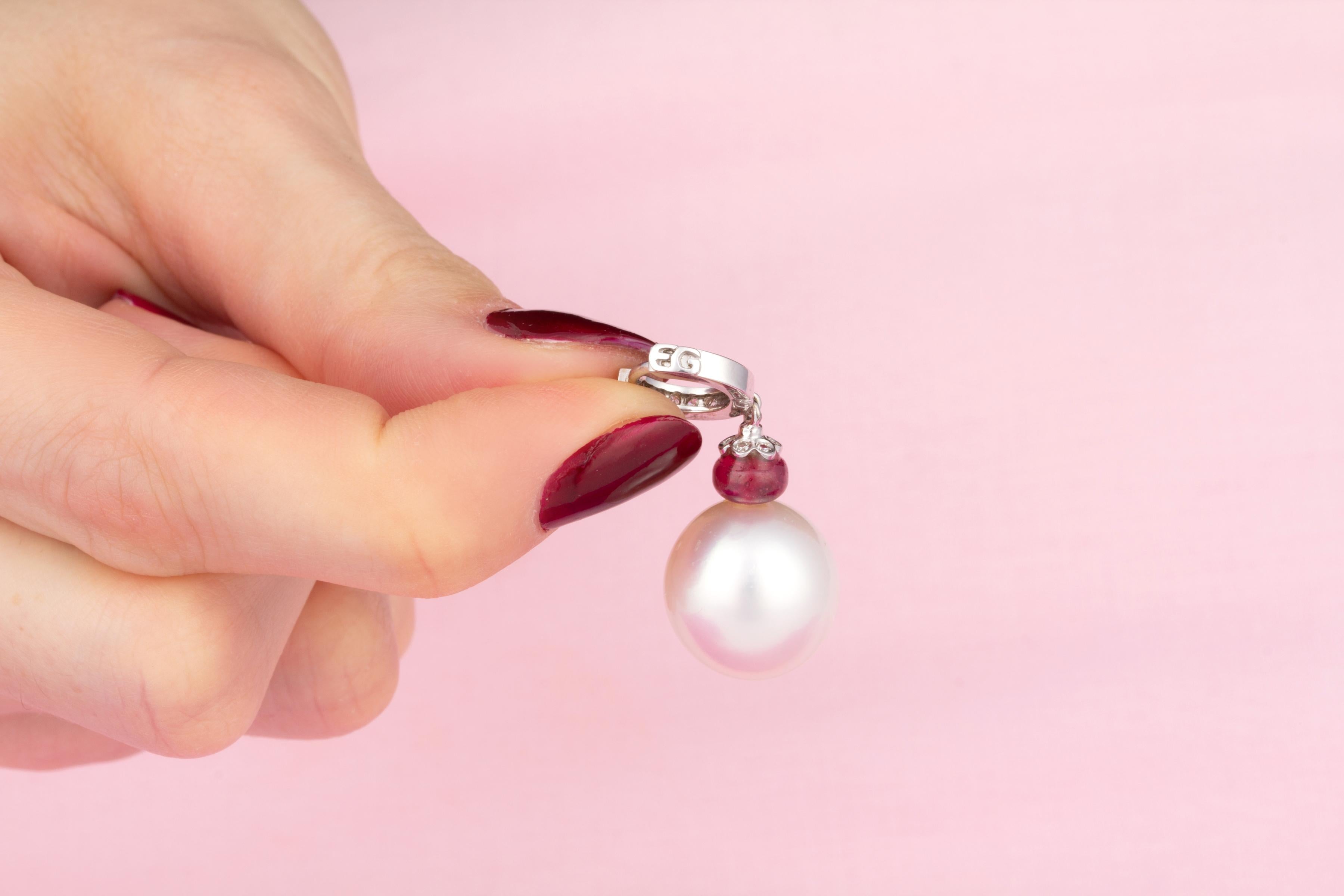 Pearl Diamond Drop Earrings Hoop Ruby Design by Ella Gafter For Sale 1