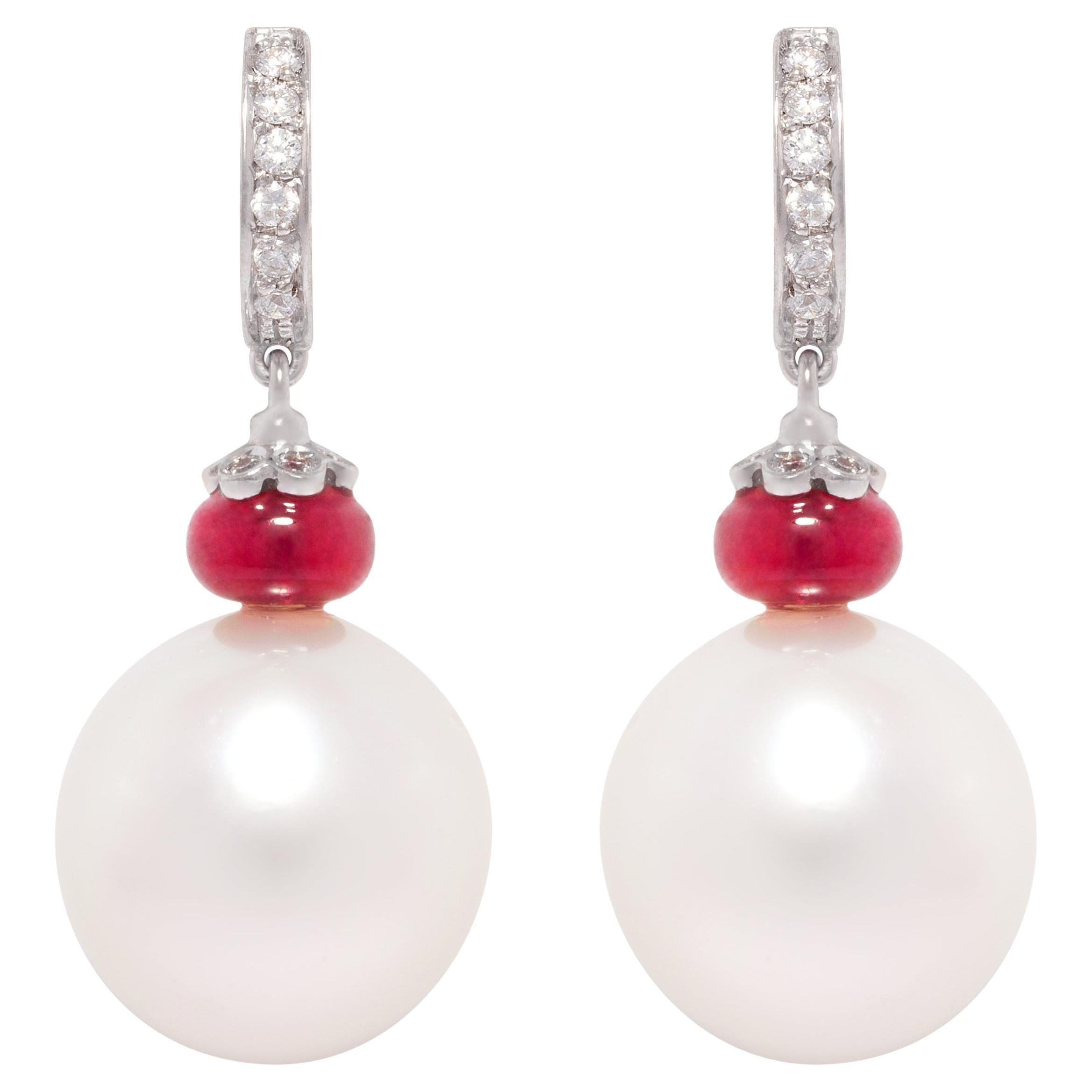 Pearl Diamond Drop Earrings Hoop Ruby Design by Ella Gafter For Sale